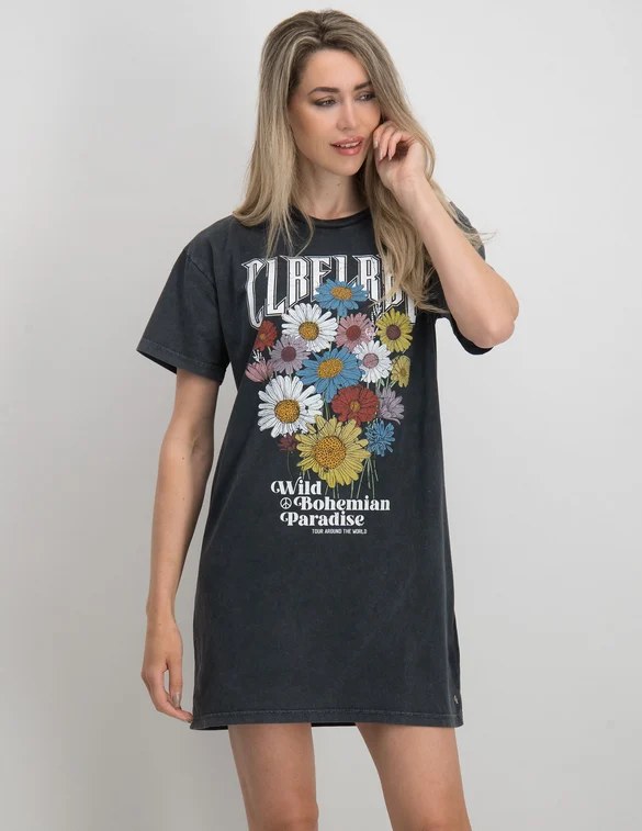 Colourful Rebel Acid wash Tee dress CLRFL RBL Flowers