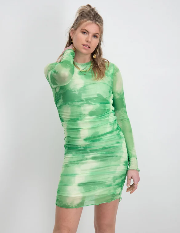 Colourful Rebel Juda Tie Dye Gathered Mesh Dress WD114410