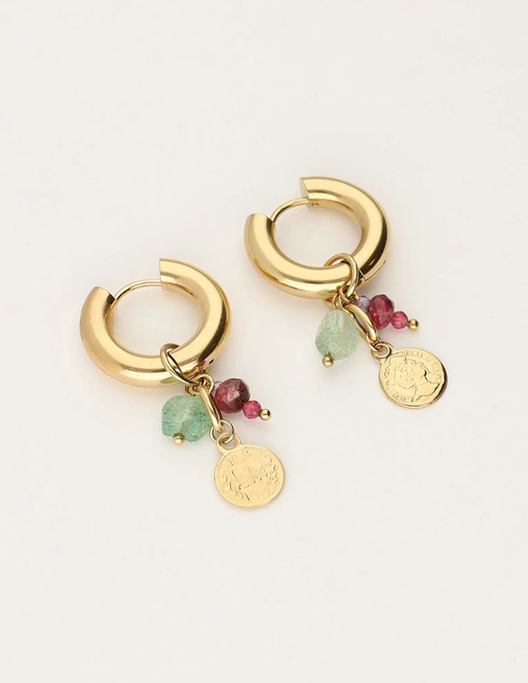My Jewellery Earring hoop green stone coin MJ12009