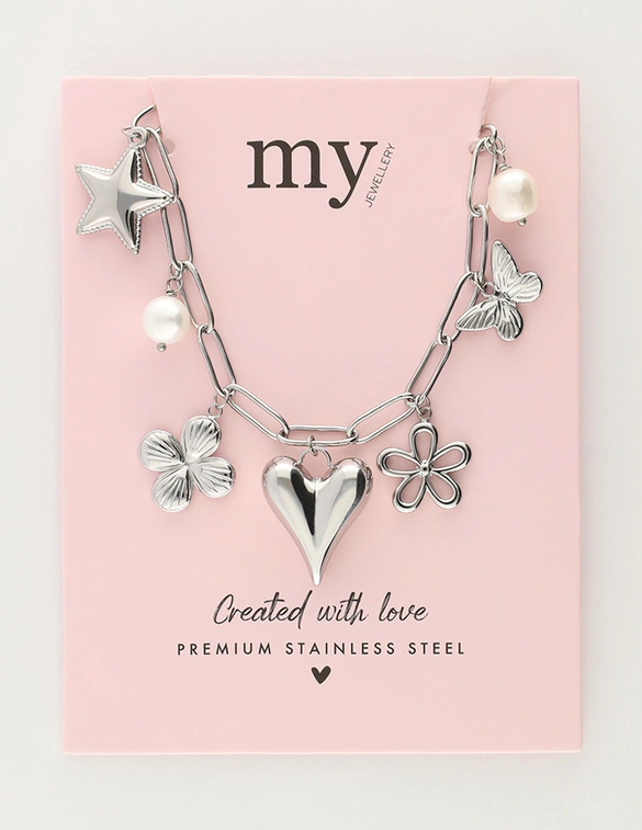 My Jewellery Necklace pink beads multi charms MJ11319