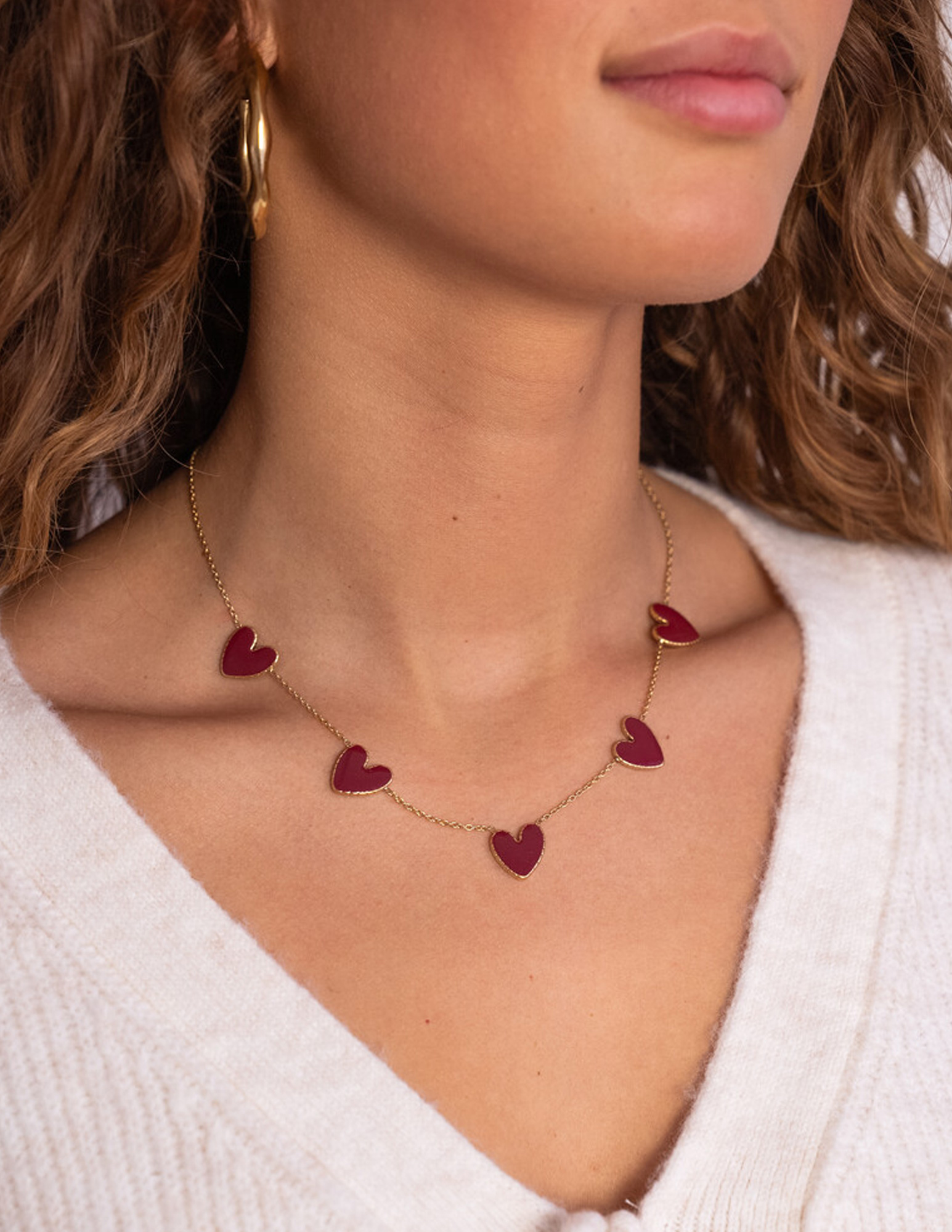 My Jewellery Ketting met burgundy hartjes MJ12613 Zilver