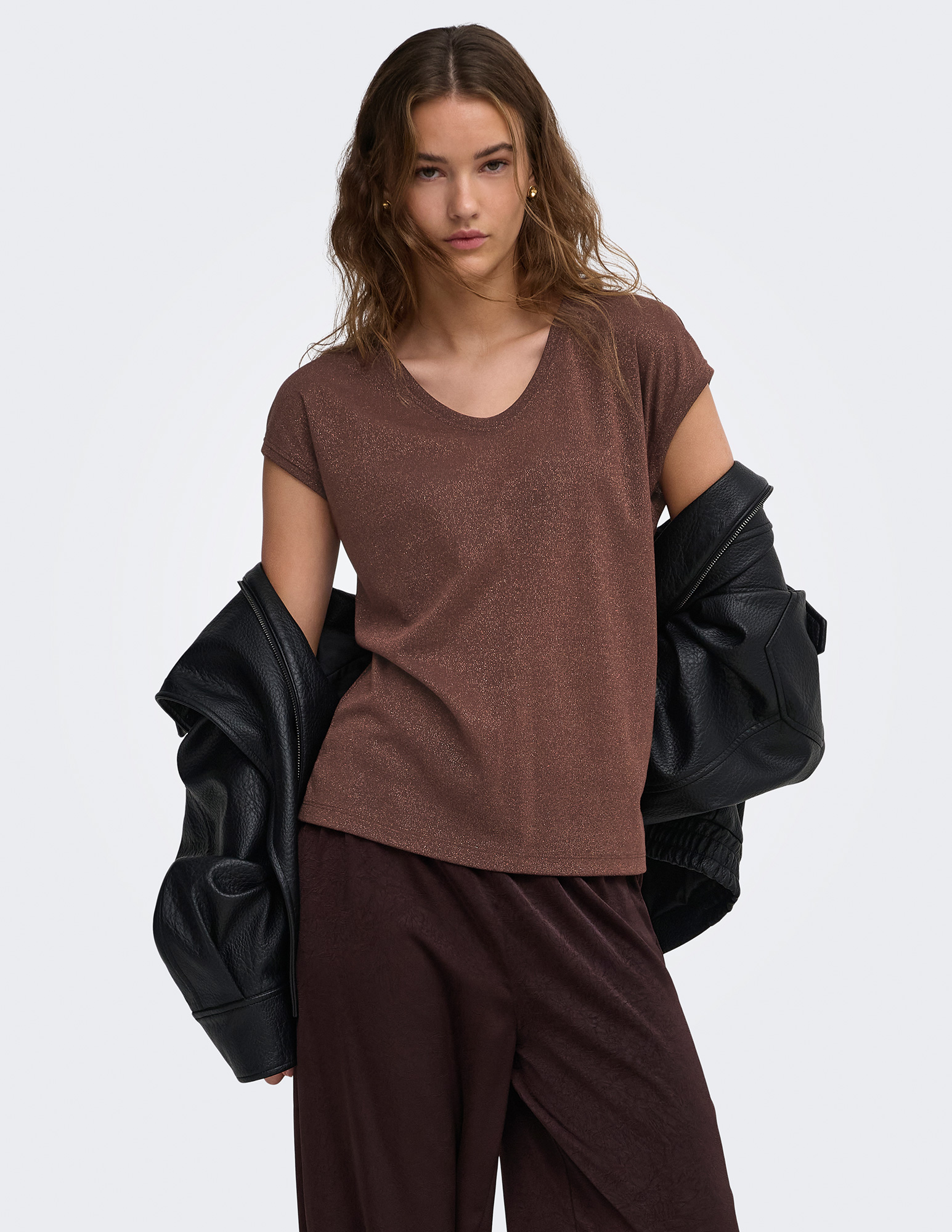 ONLY T-shirt Silvery lurex 15136069 Donker bruin