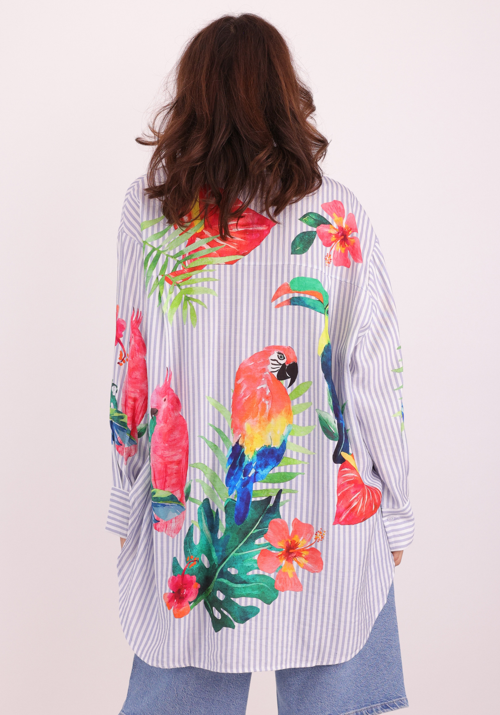 Geisha Blouse stripes & birds 63162-70 Licht blauw