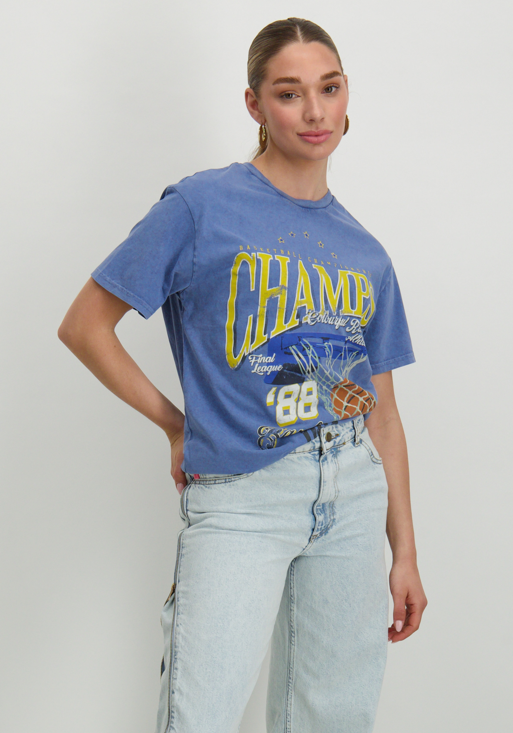 Colourful Rebel T-shirt championd acid wash WT116870 Blauw