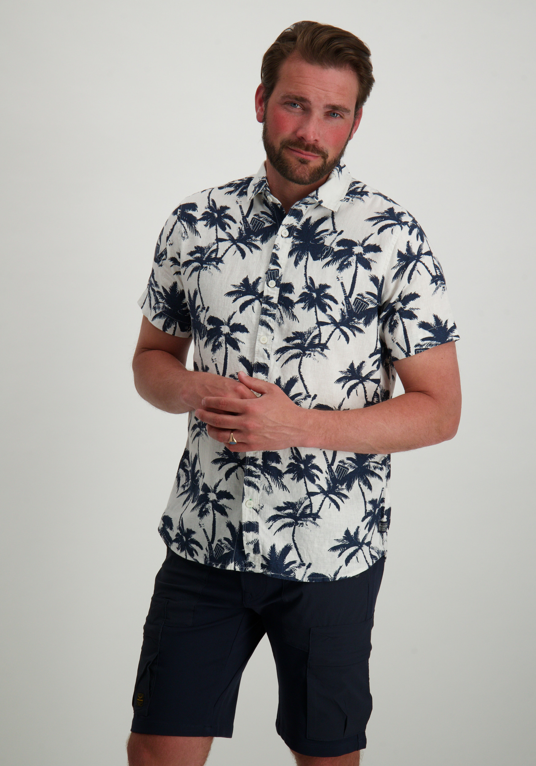 Petrol overhemd all-over print M-1050-SIS438 Donker blauw