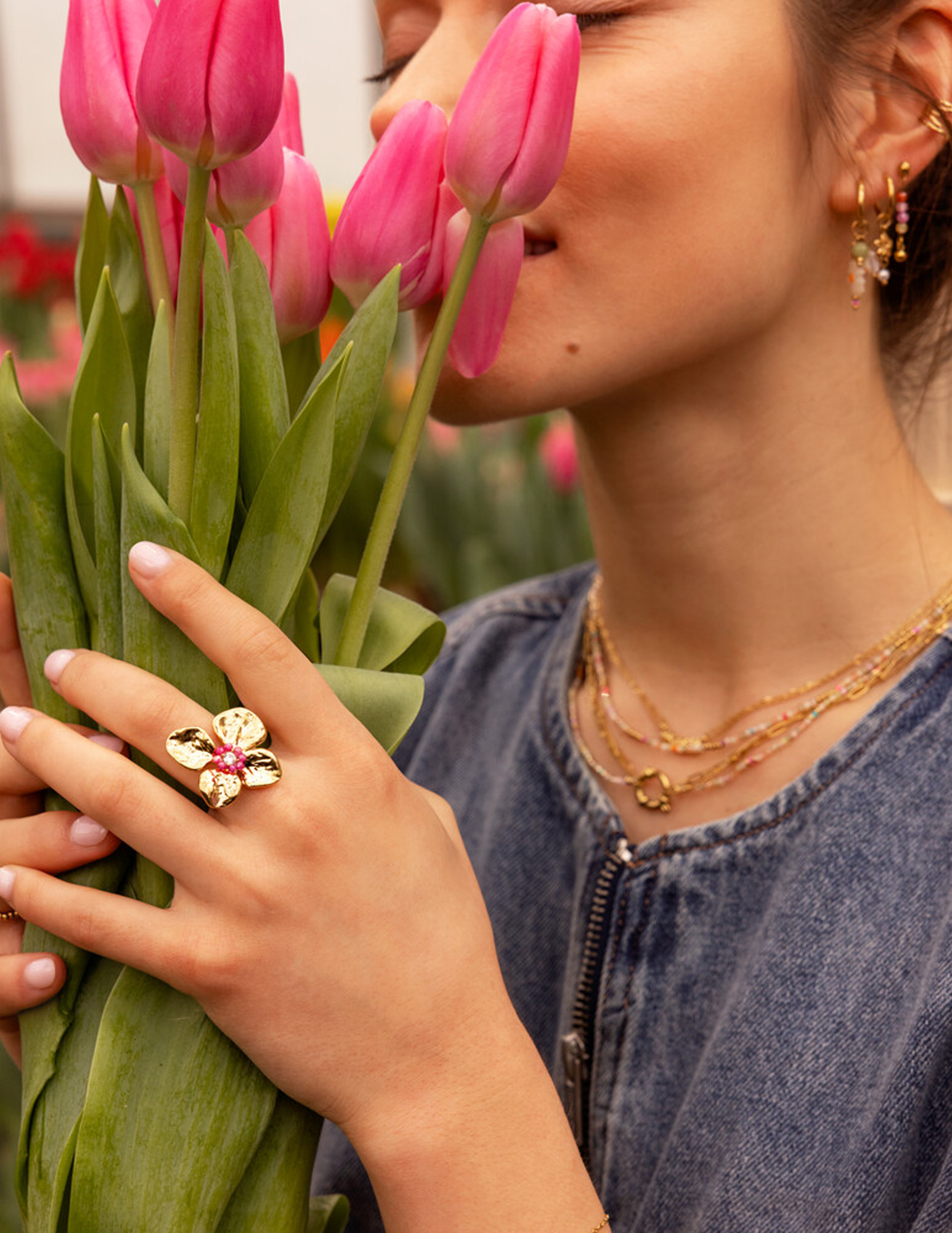 My Jewellery Botanical ring met bloem en kralen MJ15463 Goud