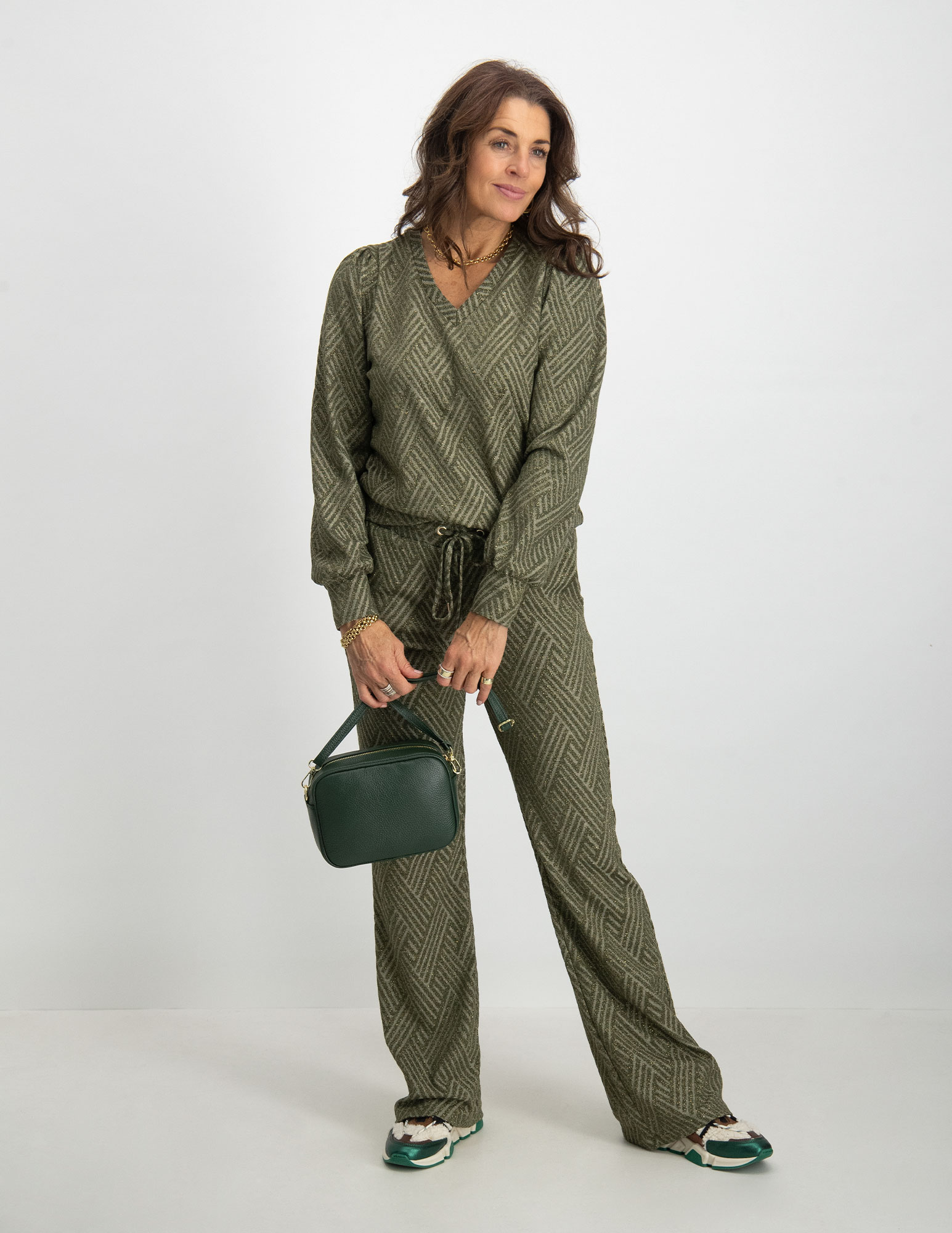 Geisha Flared broek met print 31870-47 Midden groen