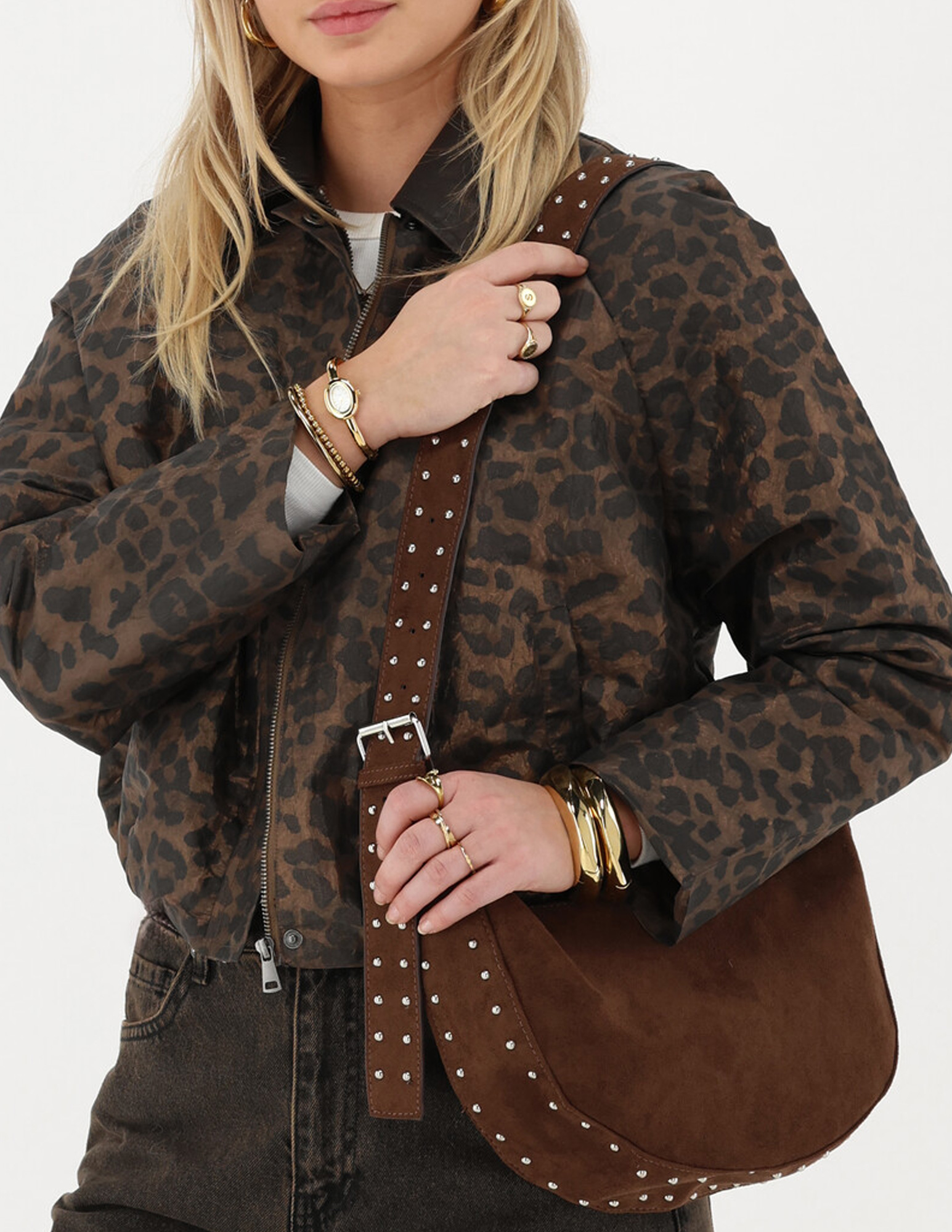 My Jewellery Crossbody tas in suède look met studs MJ15314 Bruin