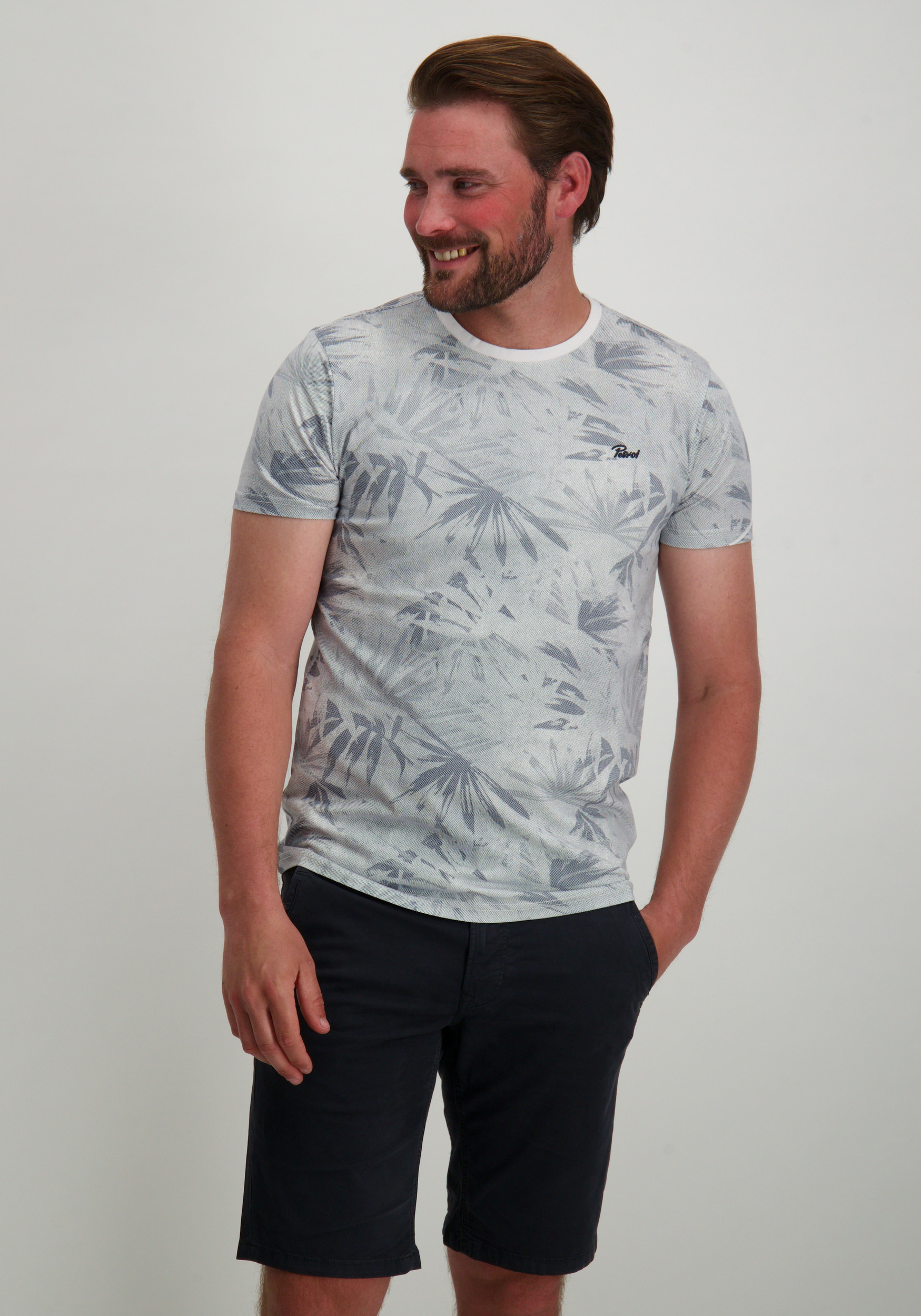 Petrol T-shirt met palm print M-1050-TSR161 Wit