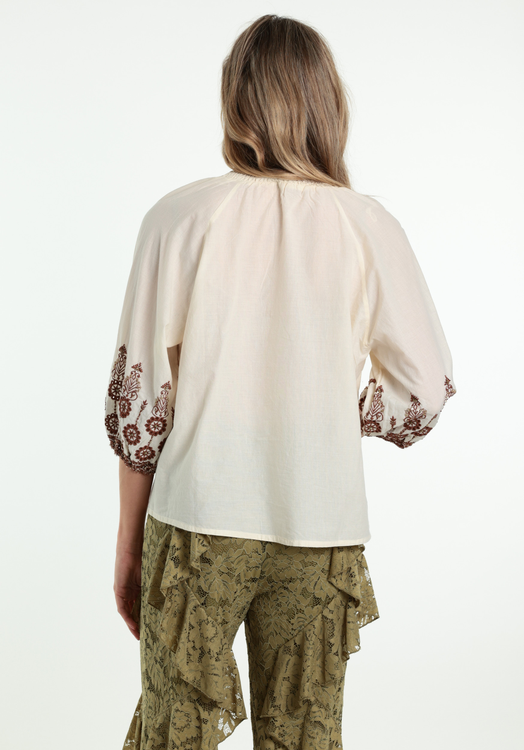 Geisha Blouse geborduurde mouwen 63434-26 Wolwit-ecru