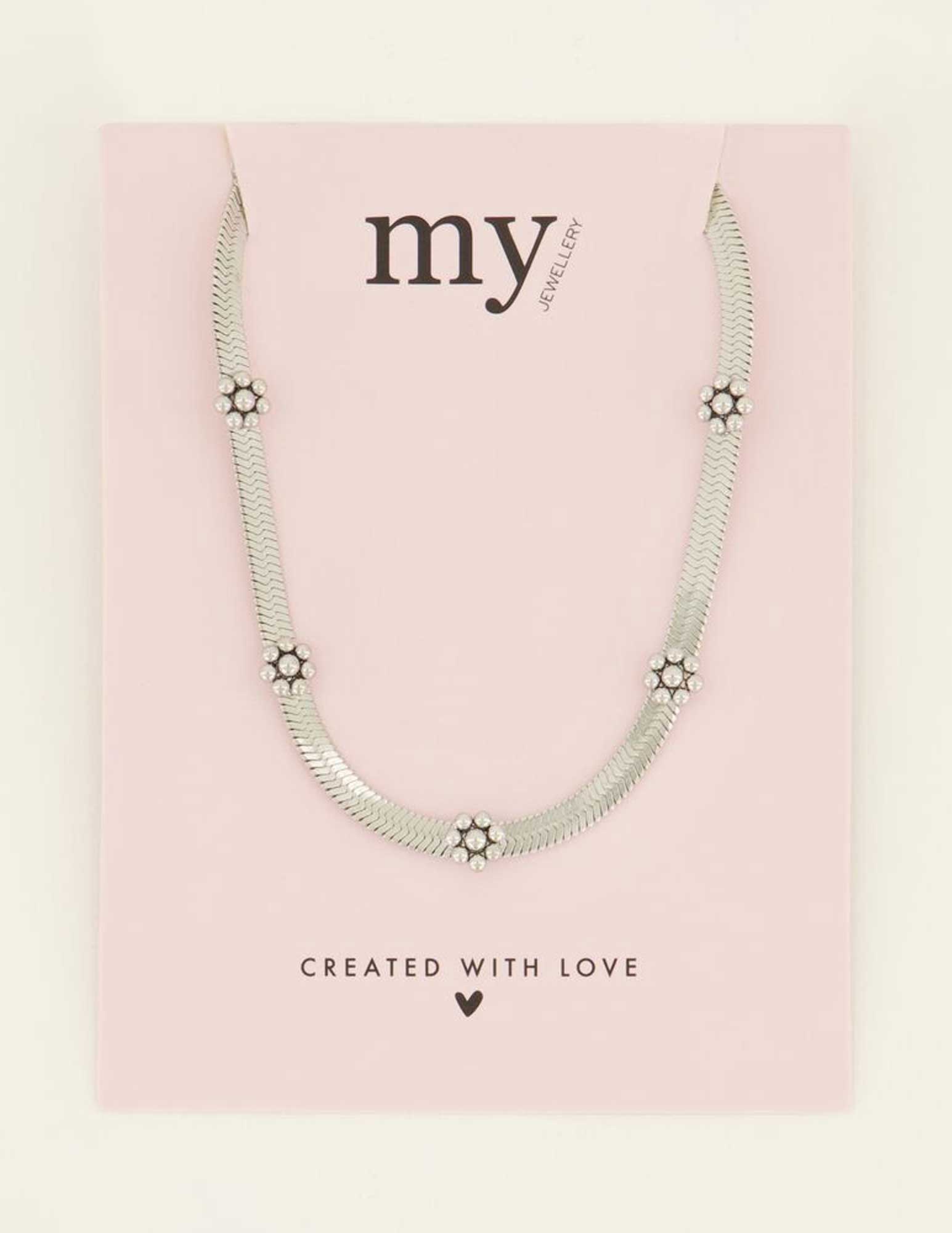 My Jewellery Ketting platte schakel met bloemen MJ08179 Zilver