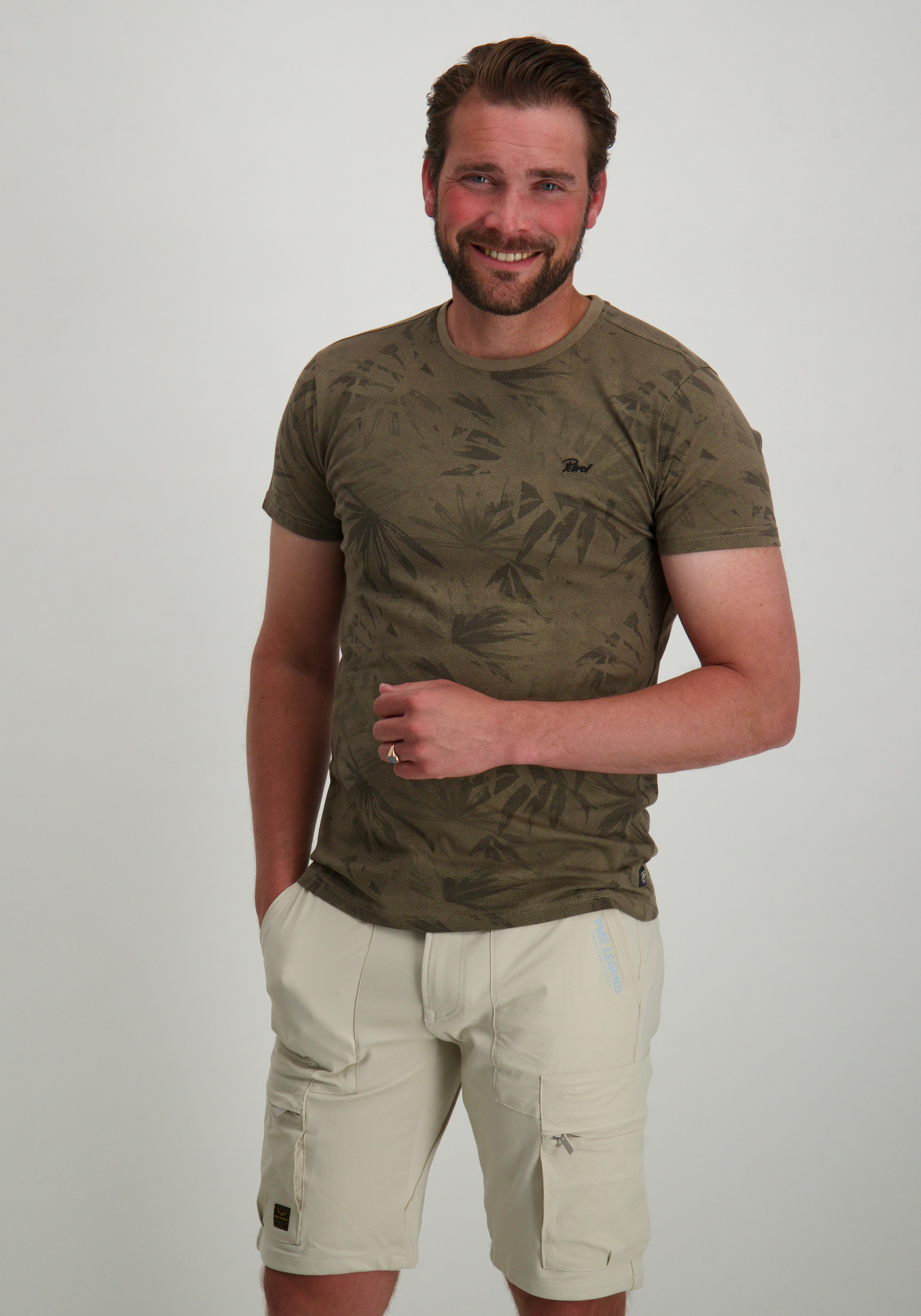 Petrol T-shirt met palm print M-1050-TSR161 Khaki