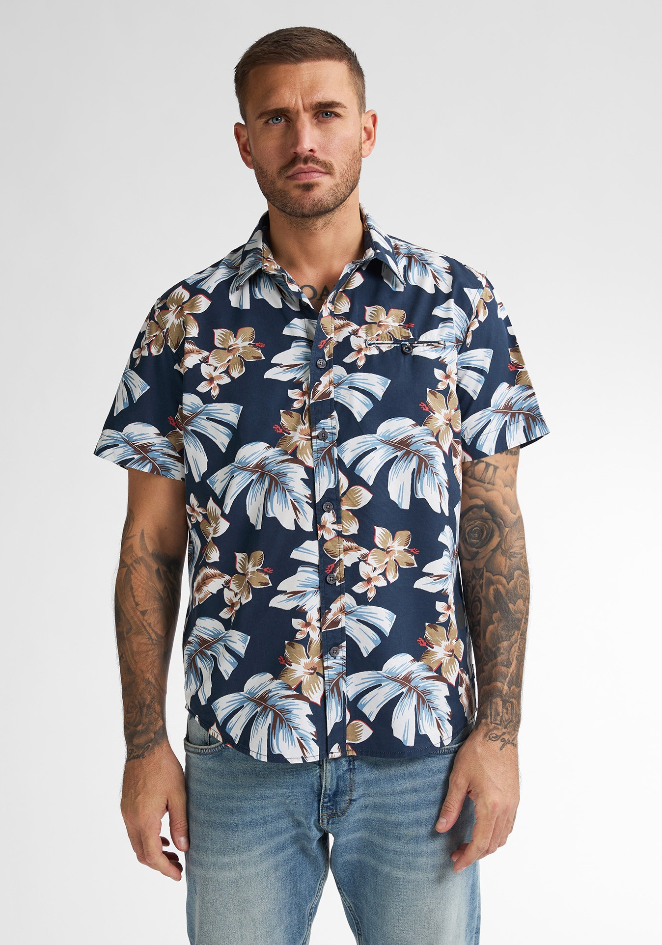 Petrol Overhemd met tropische print M-1050-SIS418 Blauw