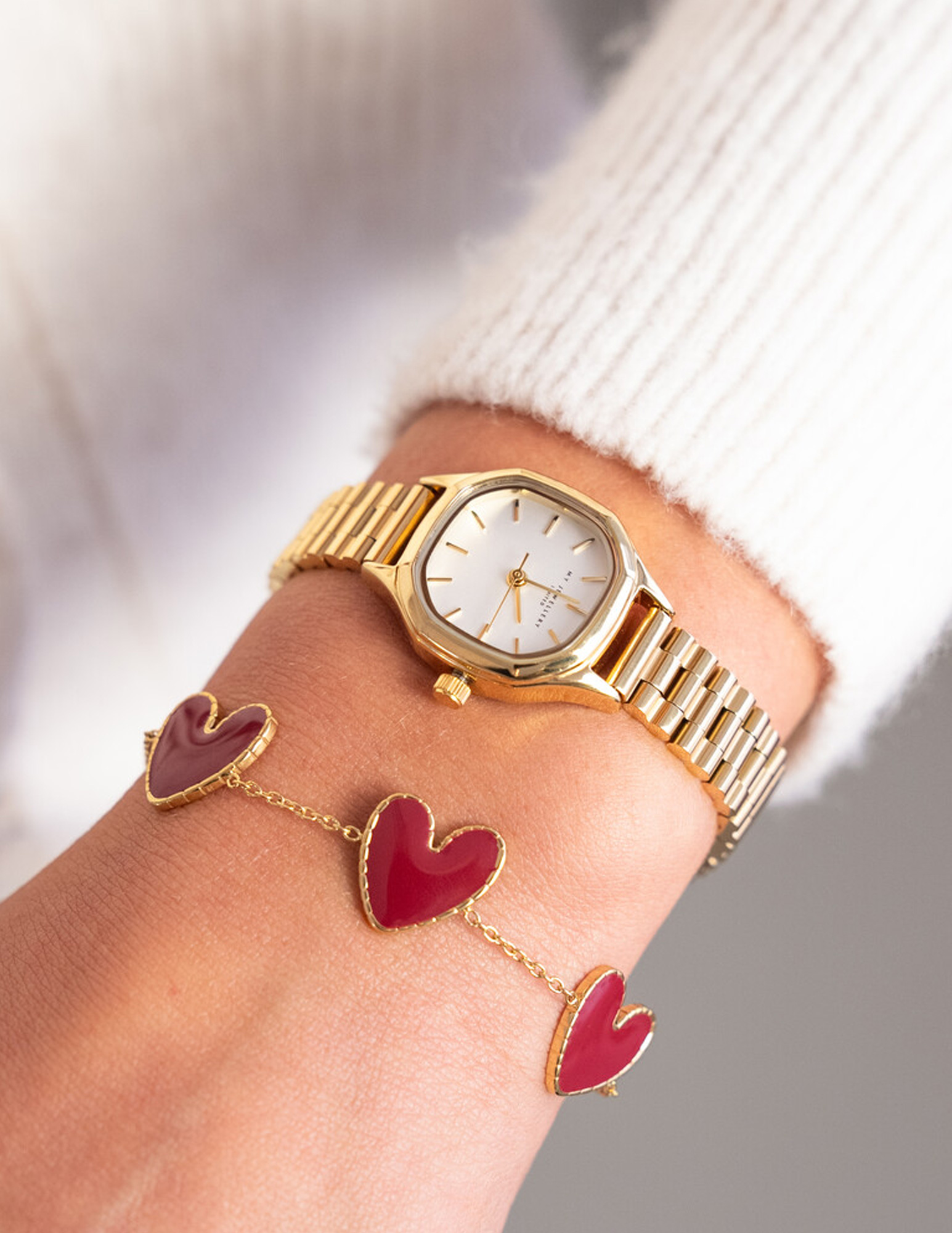 My Jewellery Armband met burgundy hartjes MJ12614 Goud