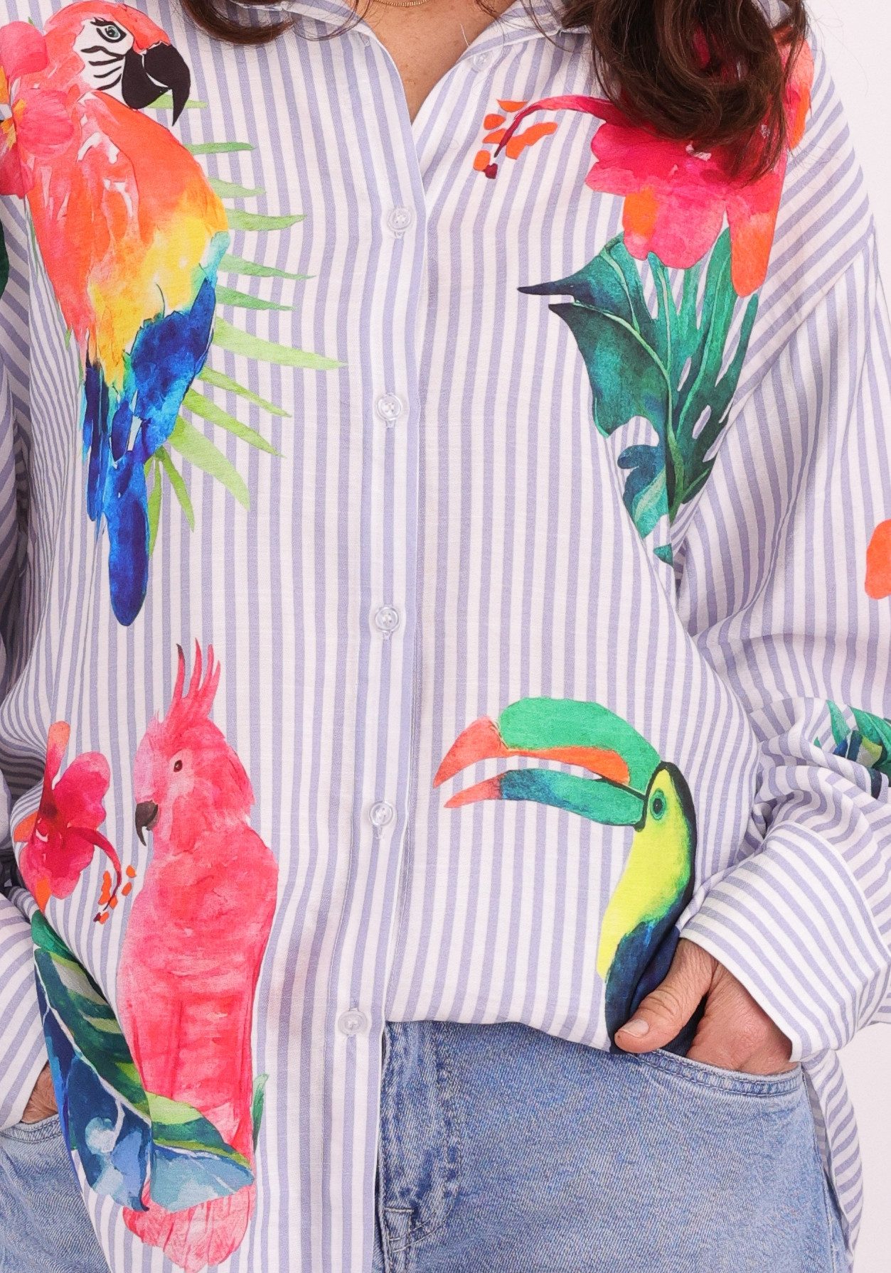 Geisha Blouse stripes & birds 63162-70 Licht blauw
