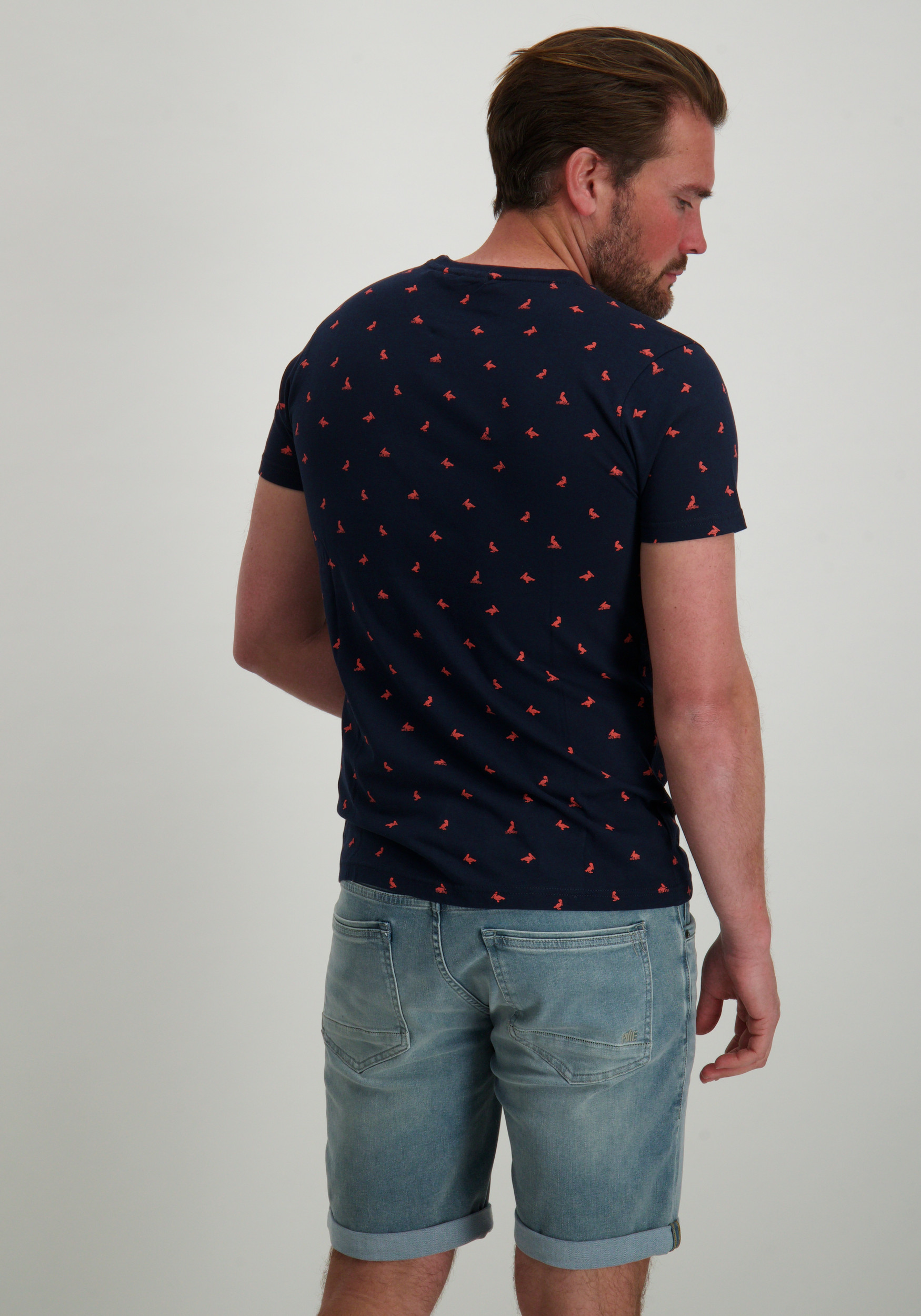 Petrol T-shirt met pelikaan print M-1050-TSR118 Donker blauw