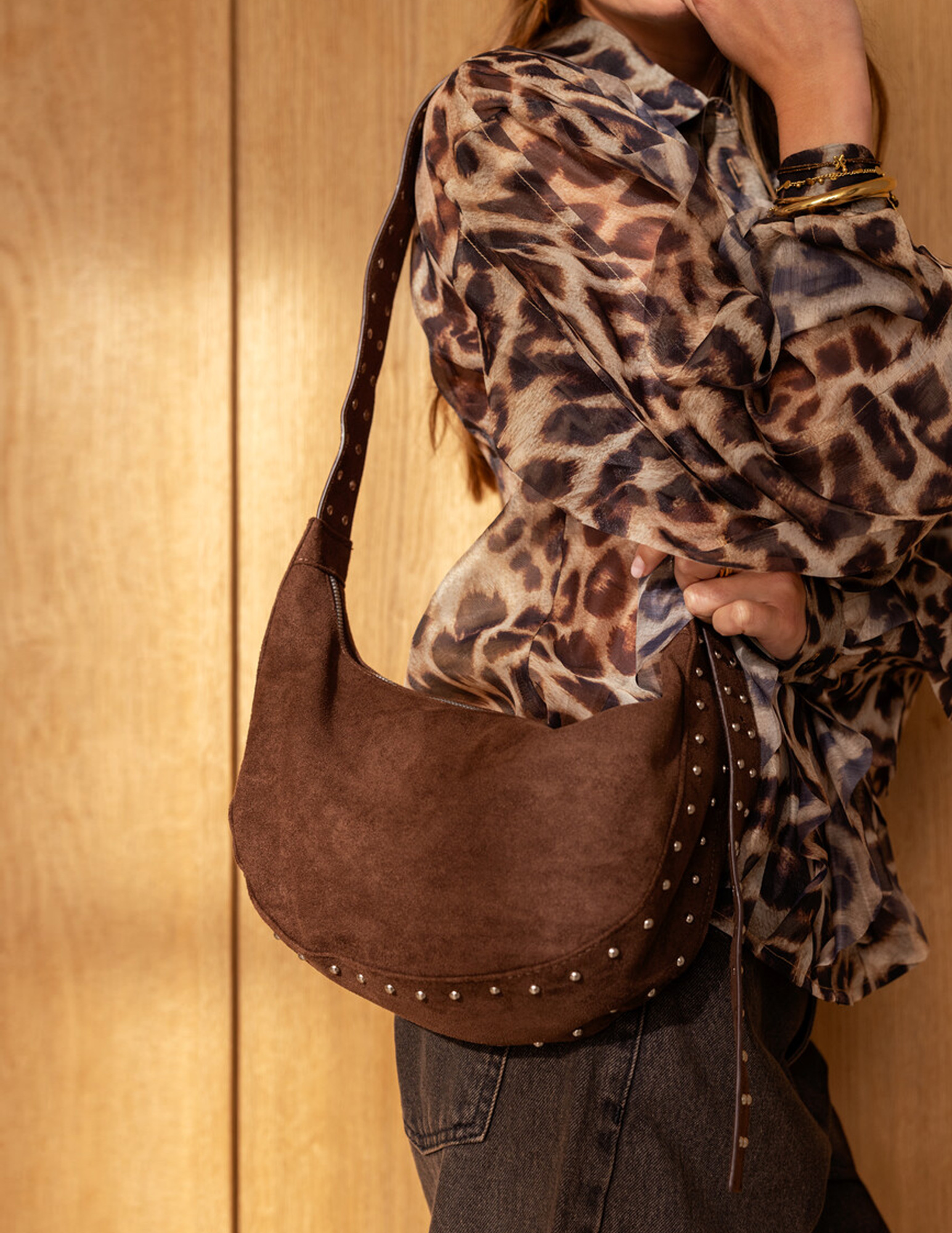 My Jewellery Crossbody tas in suède look met studs MJ15314 Bruin