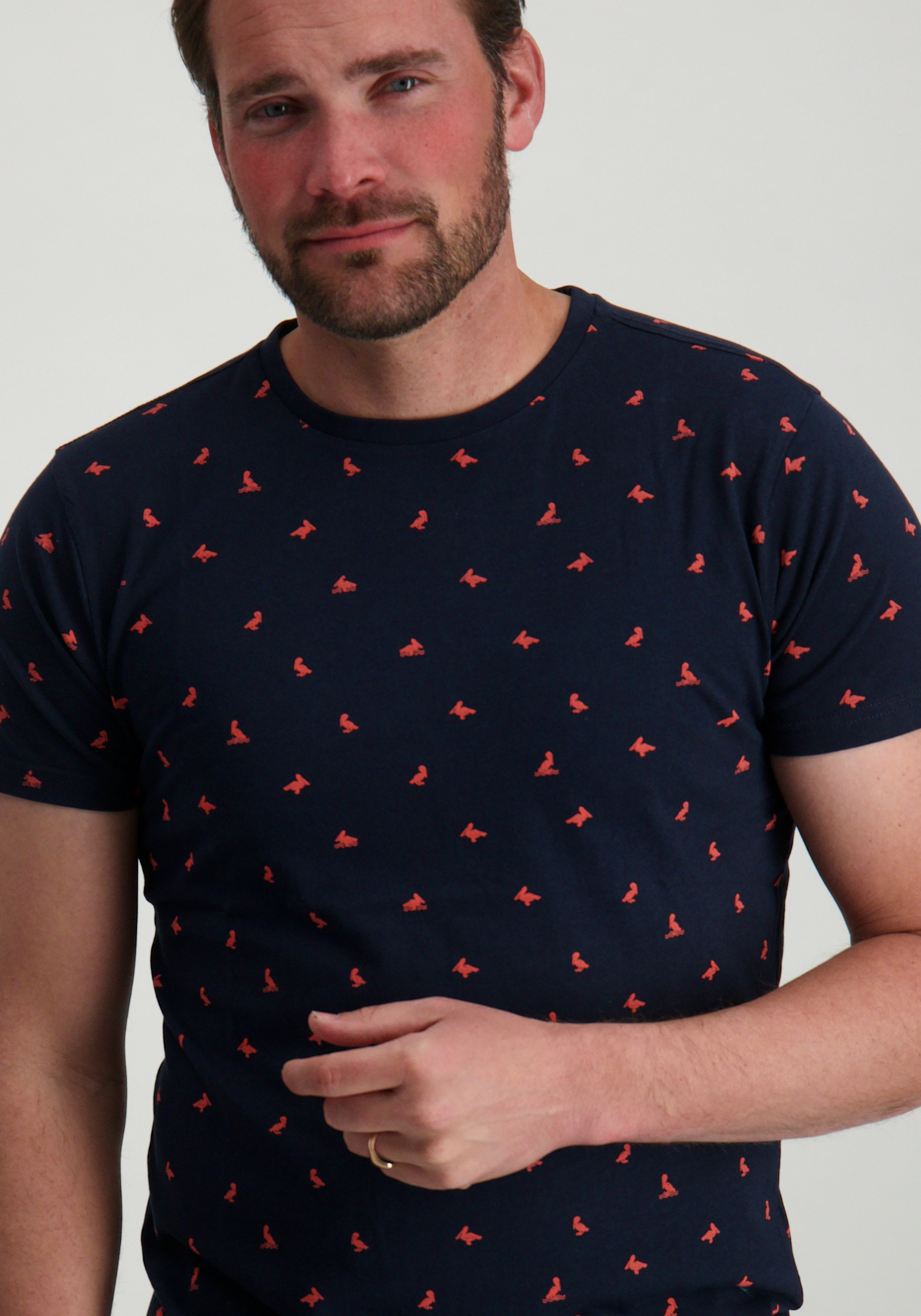 Petrol T-shirt met pelikaan print M-1050-TSR118 Donker blauw