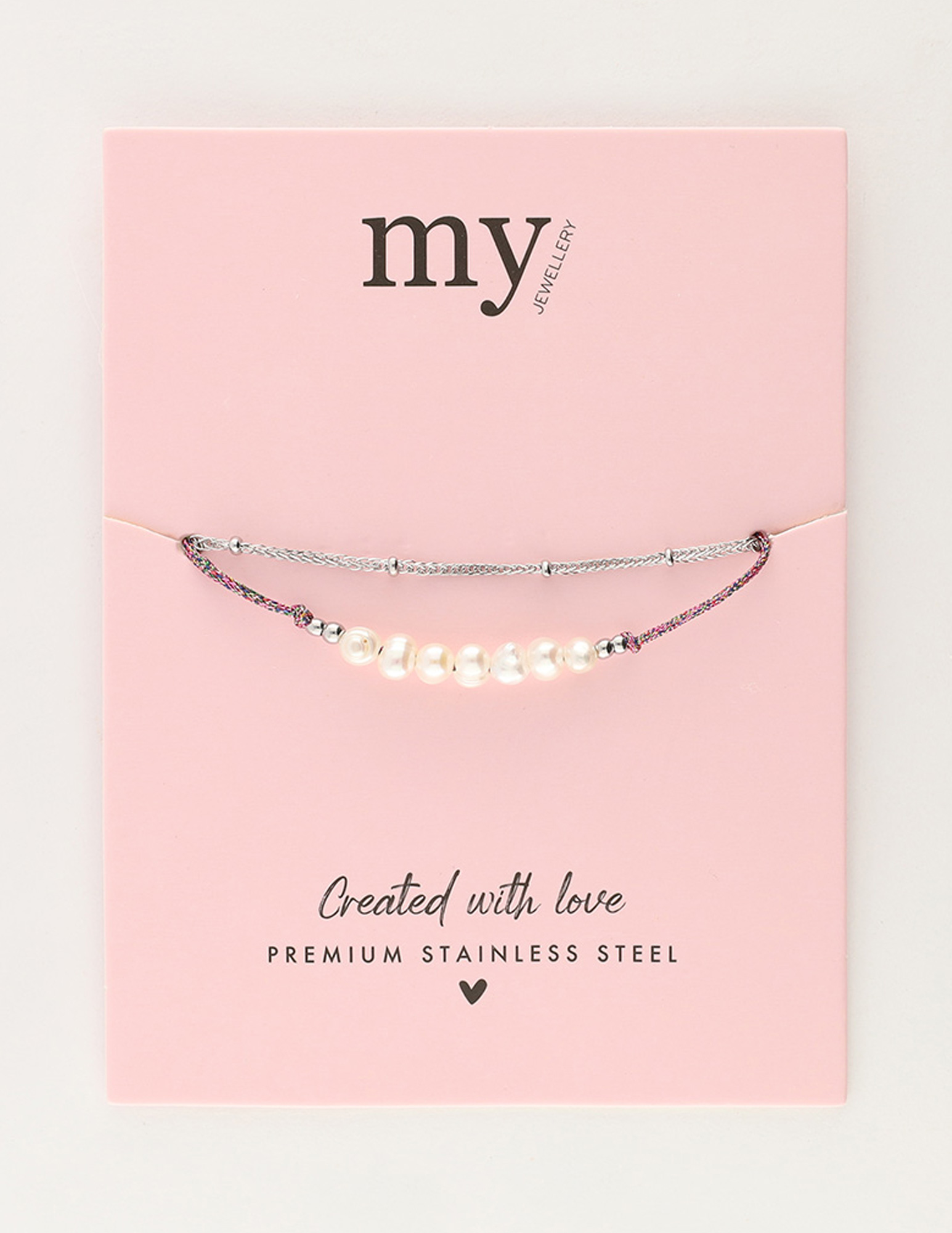My Jewellery Armband met roze koord en parels MJ11056 Zilver
