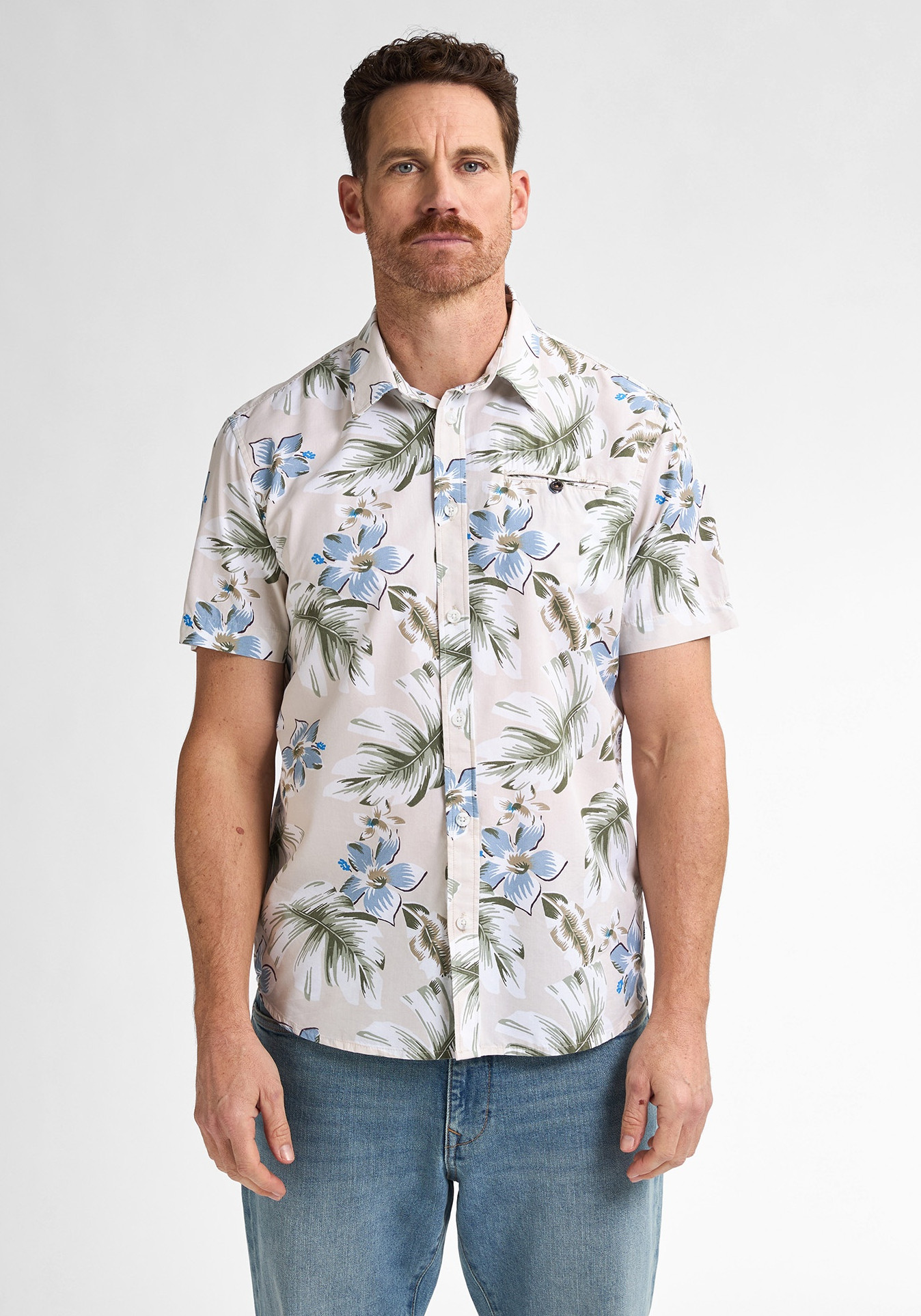 Petrol Overhemd met tropische print M-1050-SIS418 Beige
