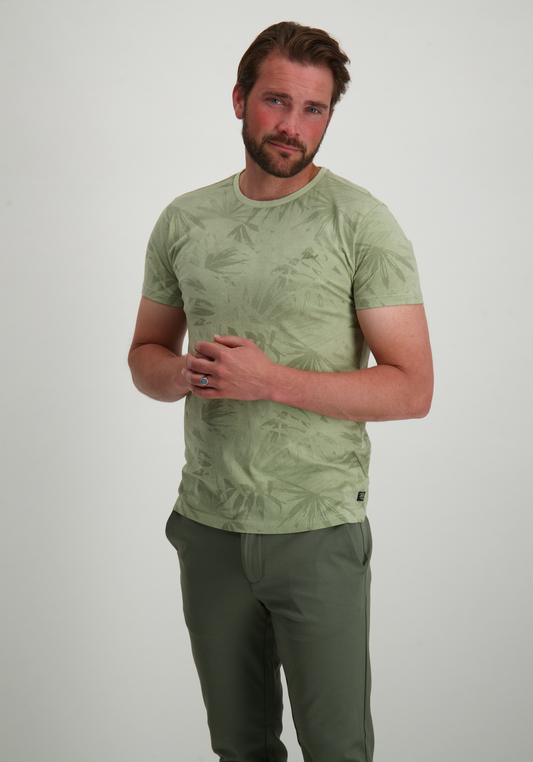 Petrol T-shirt met palm print M-1050-TSR161 Licht groen