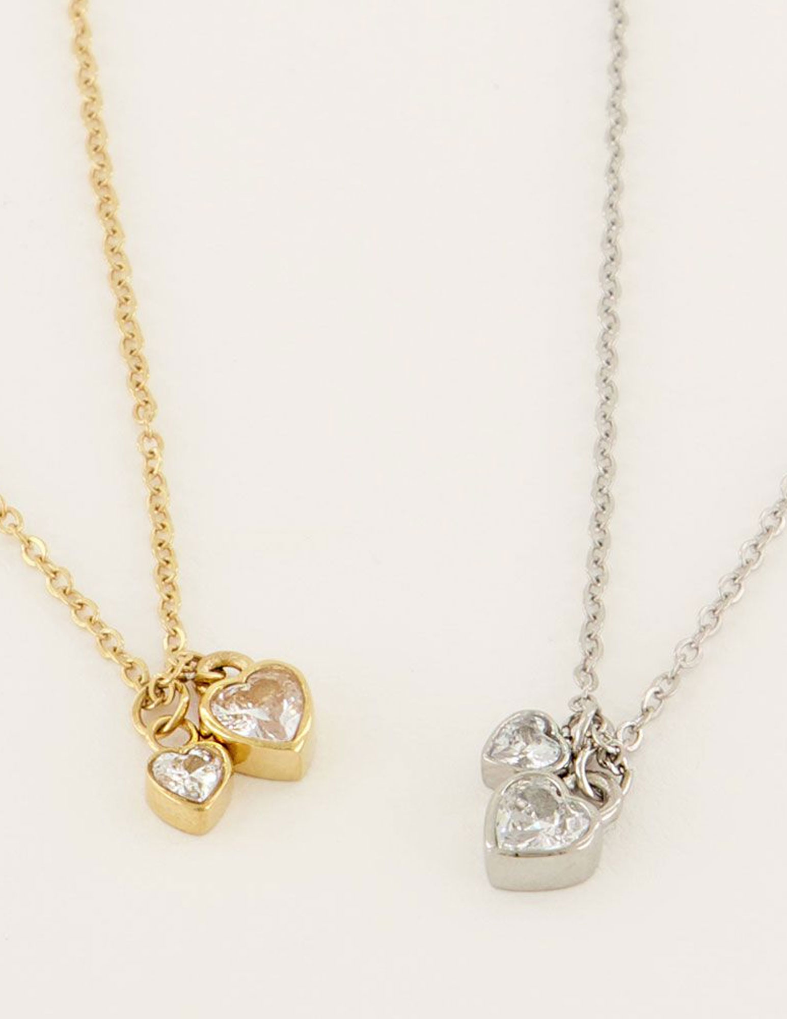 My Jewellery Ketting met twee strass hartjes MJ07080 Goud