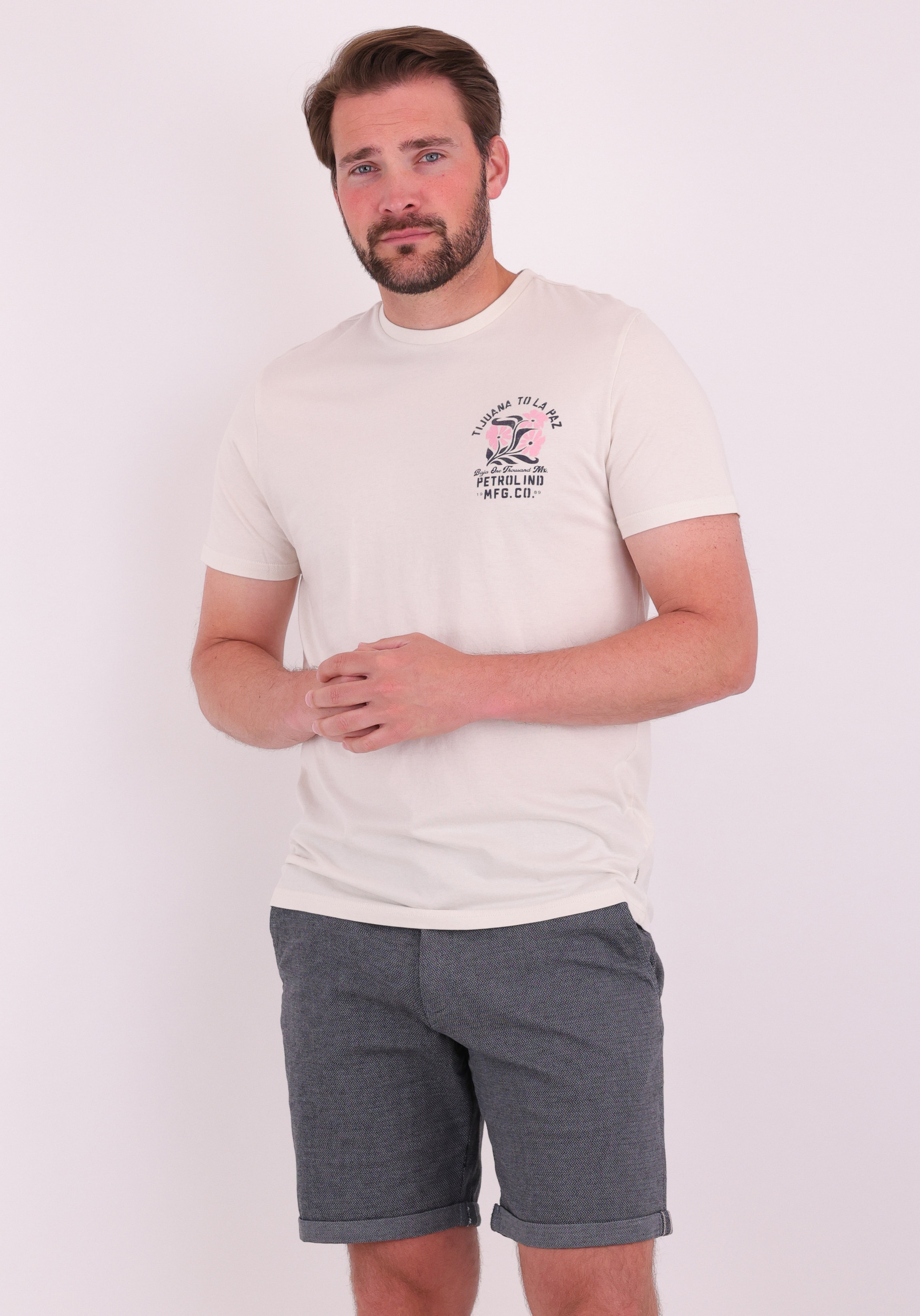 Petrol T-shirt met opdruk M-1060-TSR625 Ecru