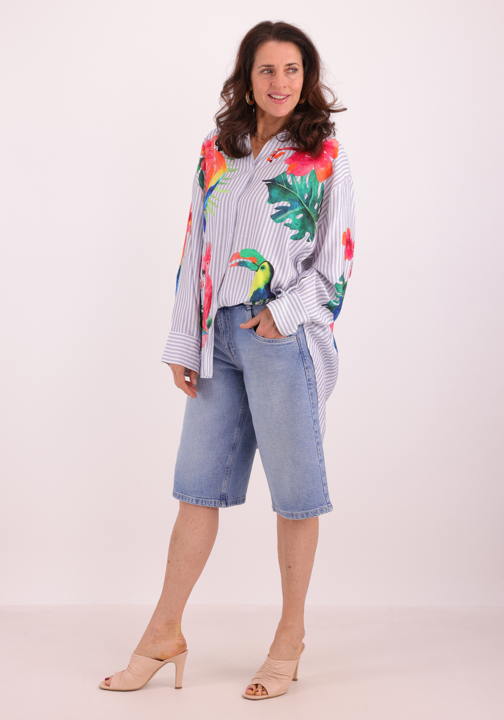 Geisha Blouse stripes & birds 63162-70 Licht blauw