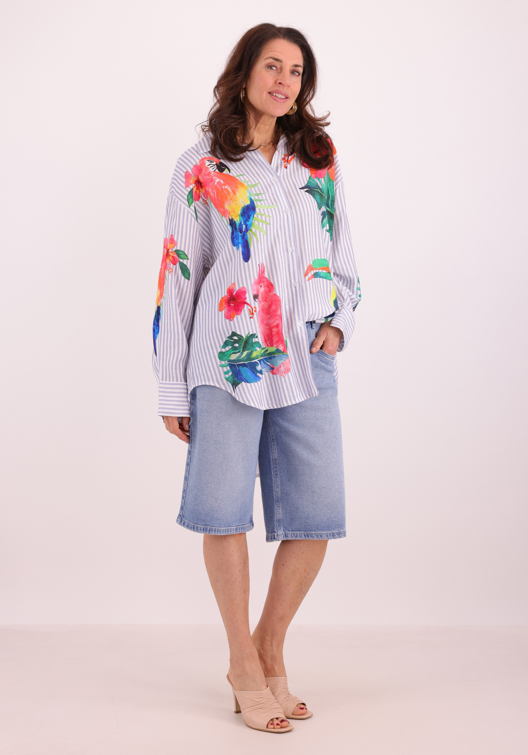 Geisha Blouse stripes & birds 63162-70 Licht blauw