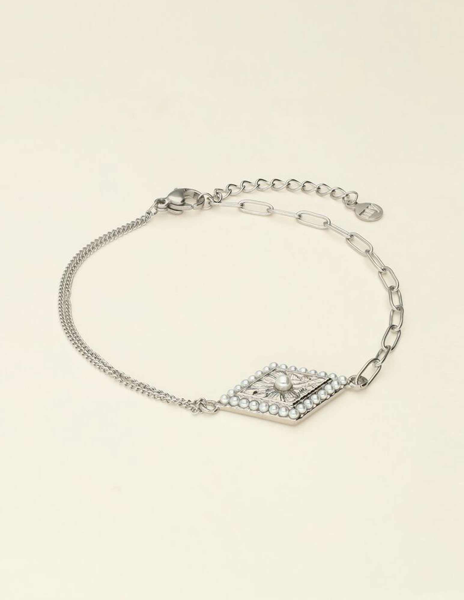 My Jewellery Armband met geruite bedel met parels MJ09240 Zilver