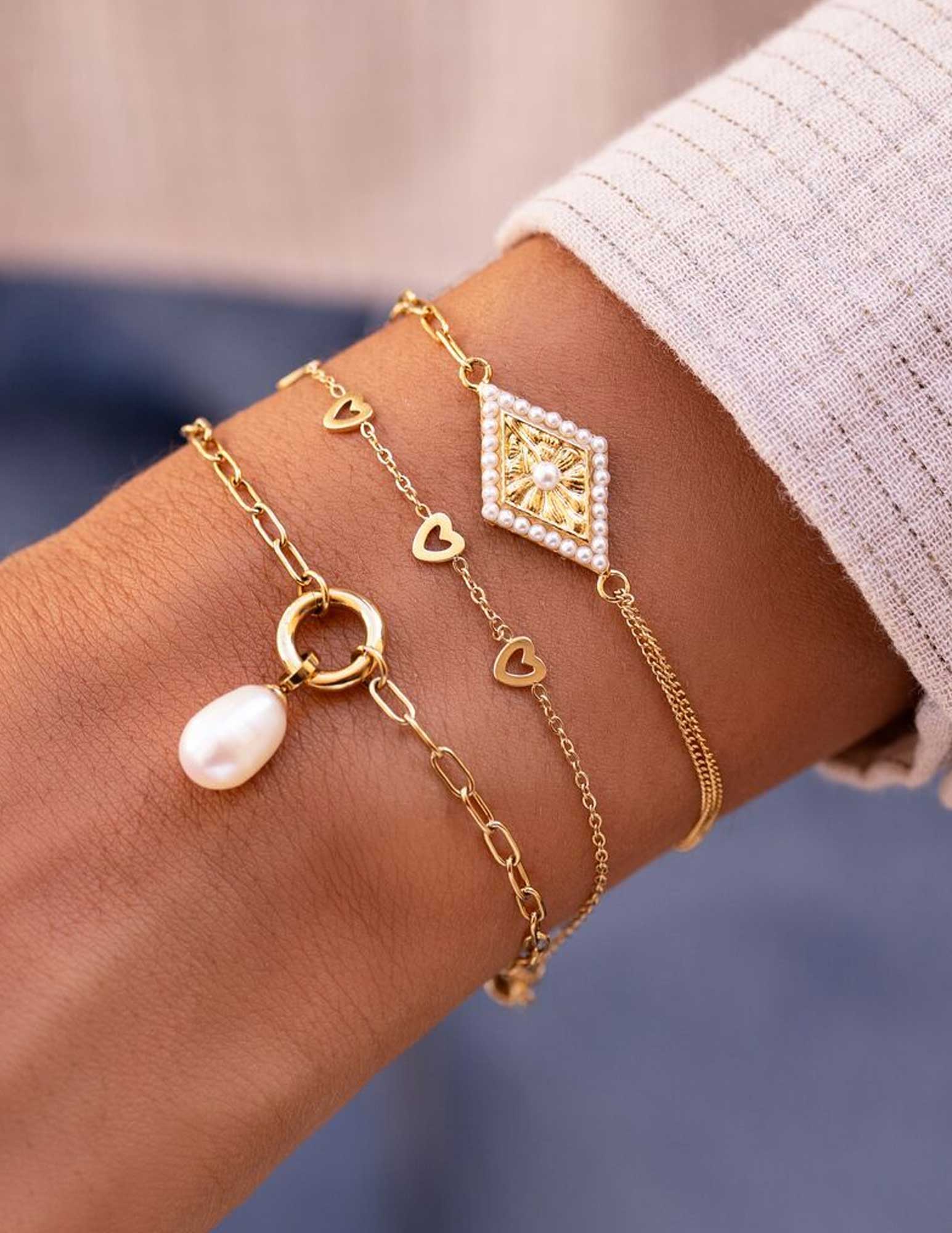 My Jewellery Armband met geruite bedel met parels MJ09240 Zilver