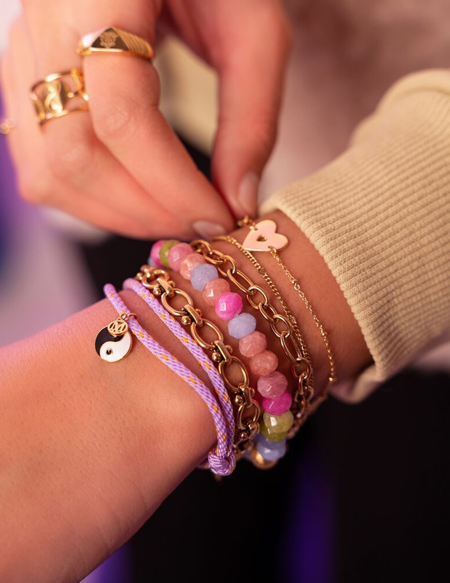 My Jewellery Armband cord lila yingyang MJ10202 Goud