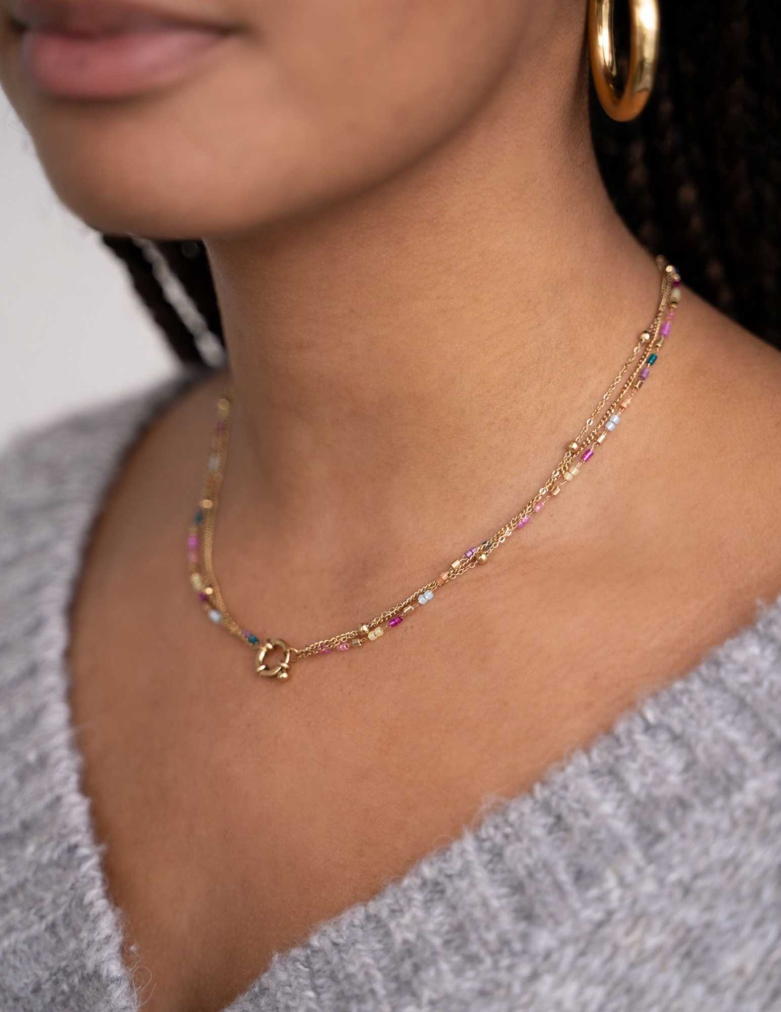 My Jewellery Driedubbele ketting met kralen MJ10235 Zilver