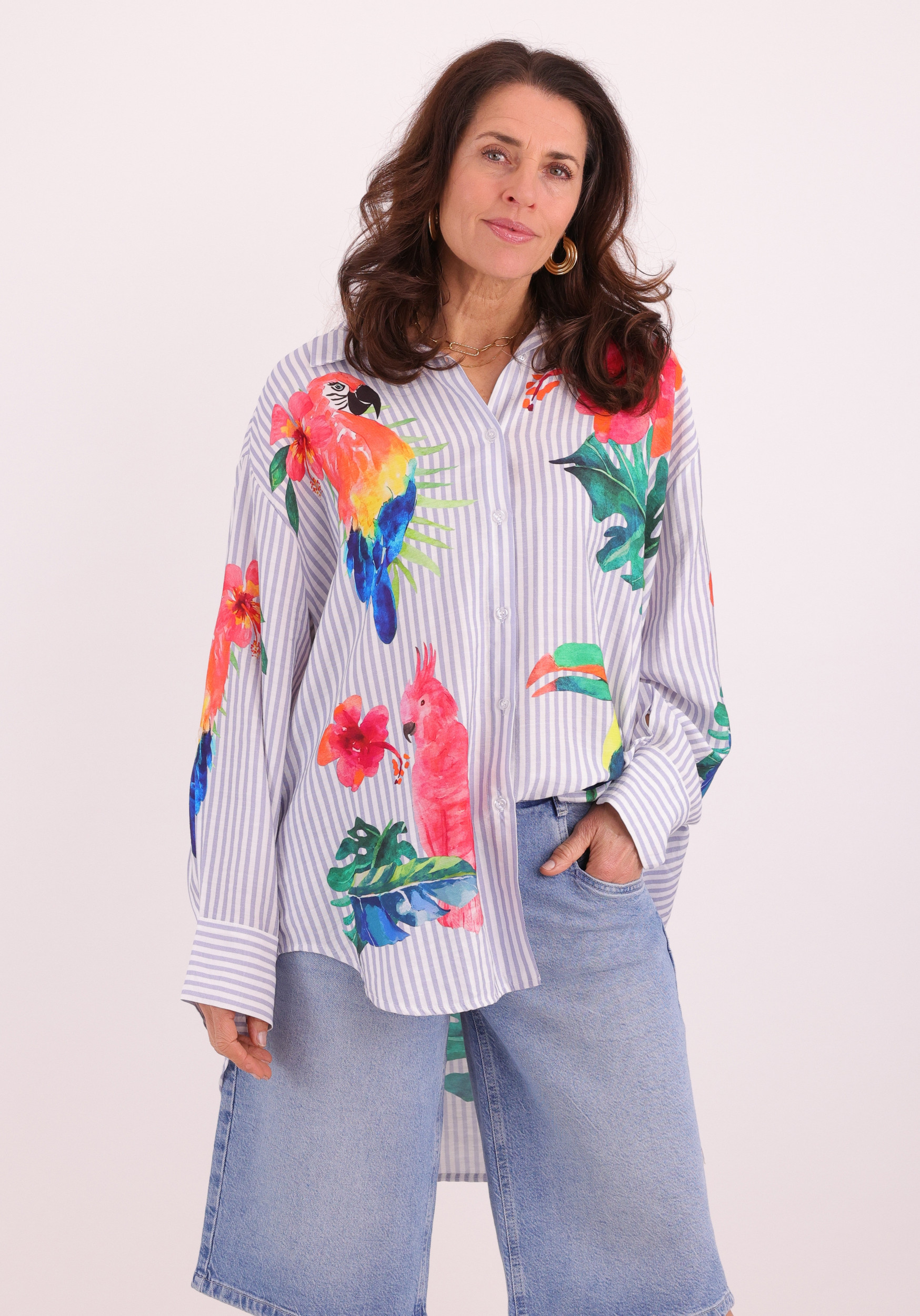 Geisha Blouse stripes & birds 63162-70 Licht blauw