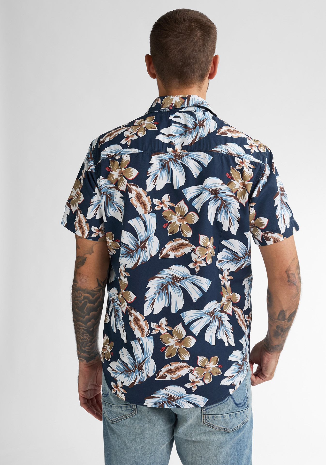 Petrol Overhemd met tropische print M-1050-SIS418 Blauw