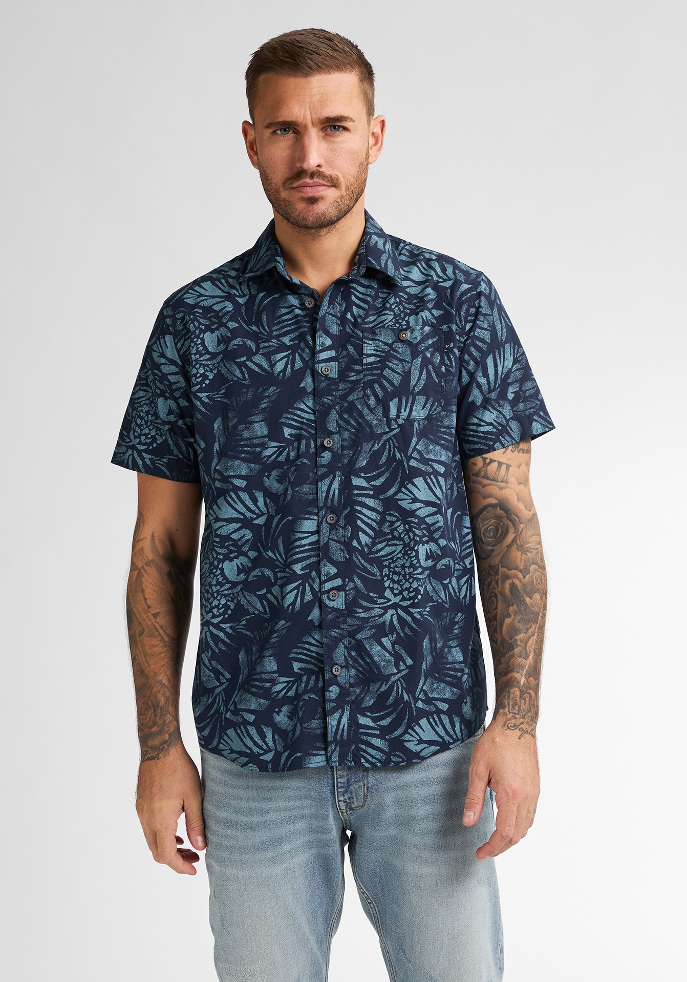 Petrol Overhemd all-over print M-1050-SIS422 Donker blauw