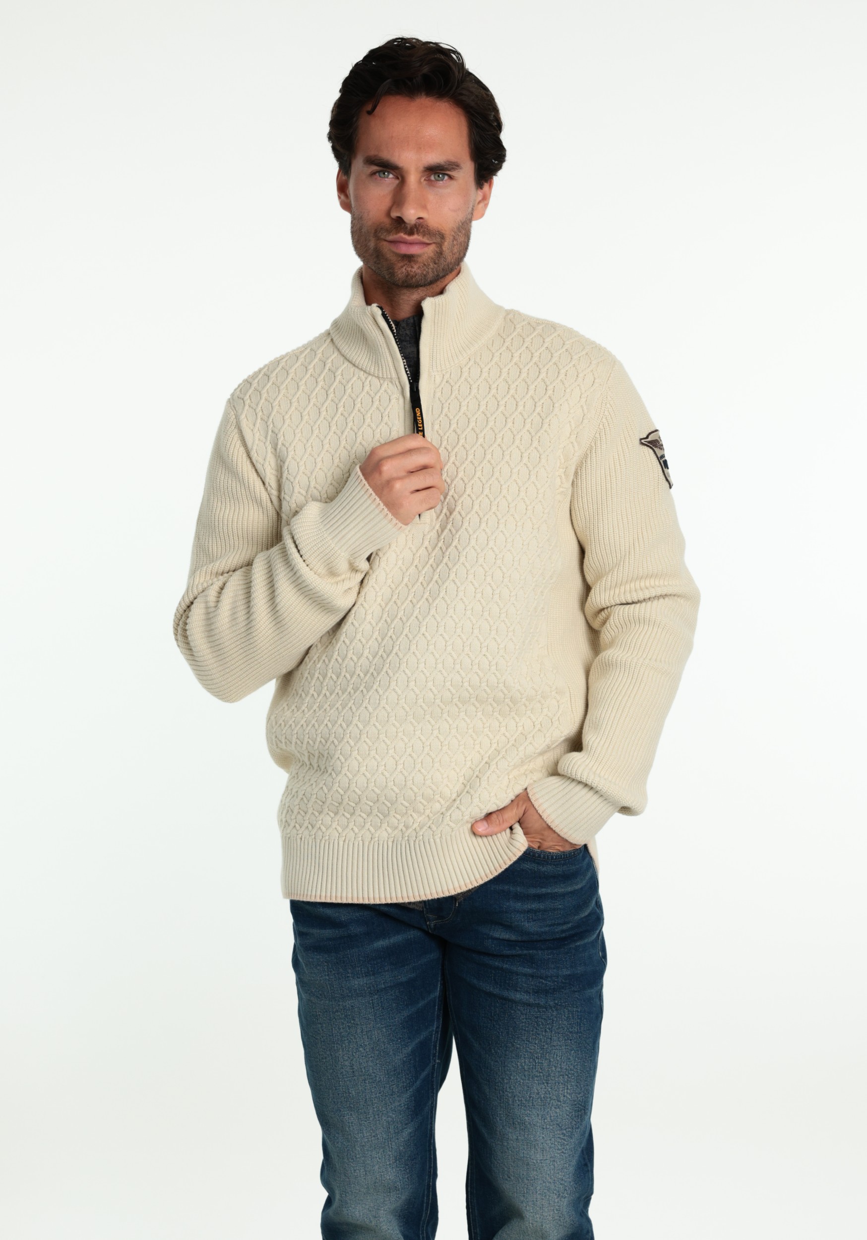 PME Legend Trui Half zip PKW2609325 Ecru