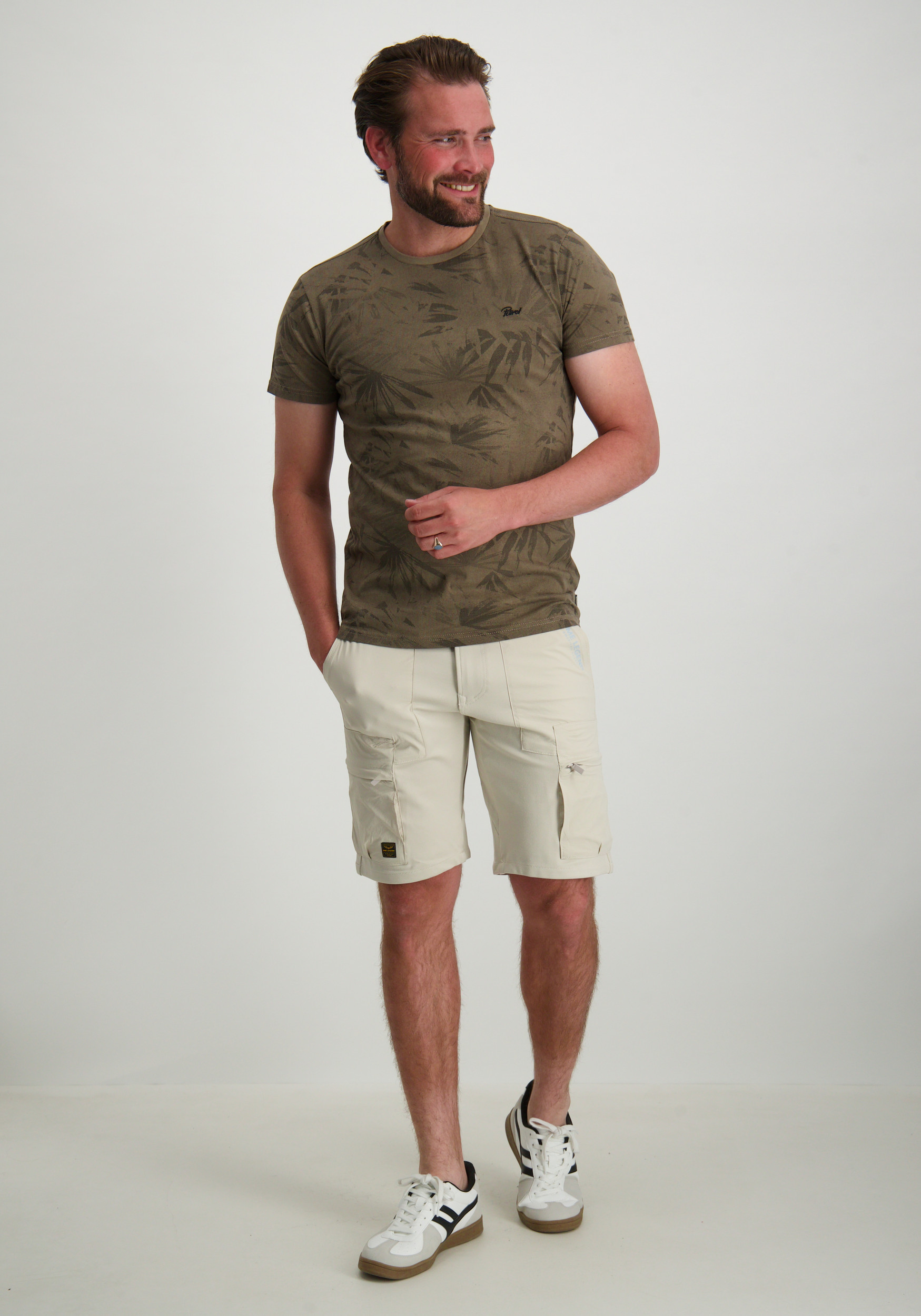 Petrol T-shirt met palm print M-1050-TSR161 Khaki