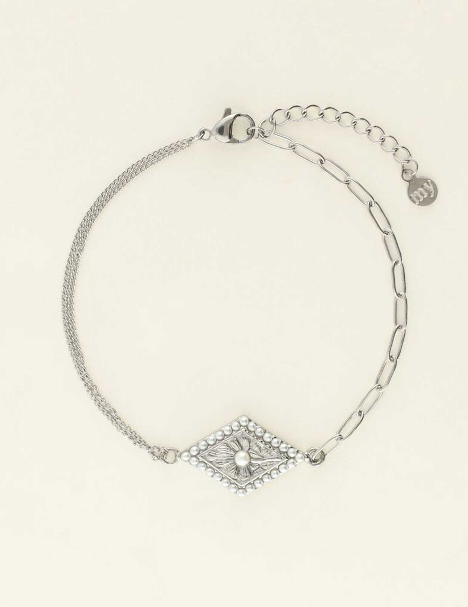 My Jewellery Armband met geruite bedel met parels MJ09240 Zilver
