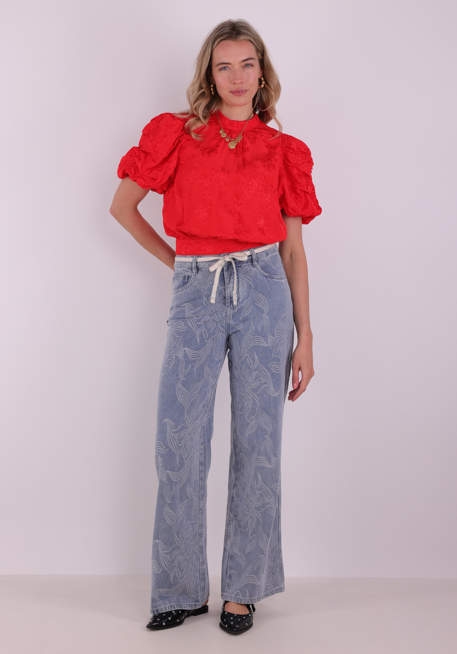 Geisha Jeans Jaquard flower 61005-10 Licht blauw