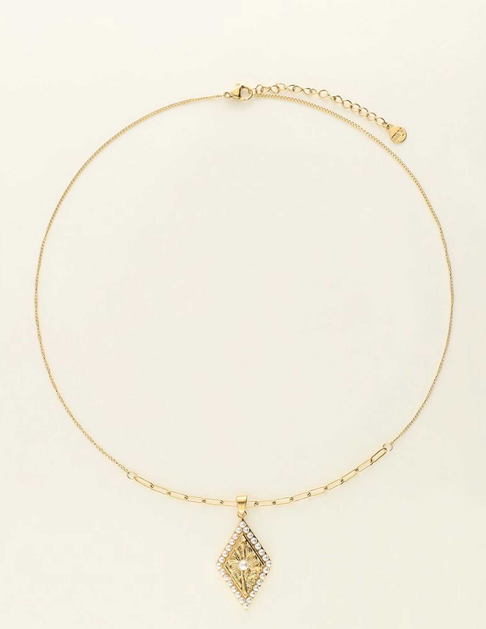 My Jewellery Ketting met geruite bedel en parels MJ09239 Goud