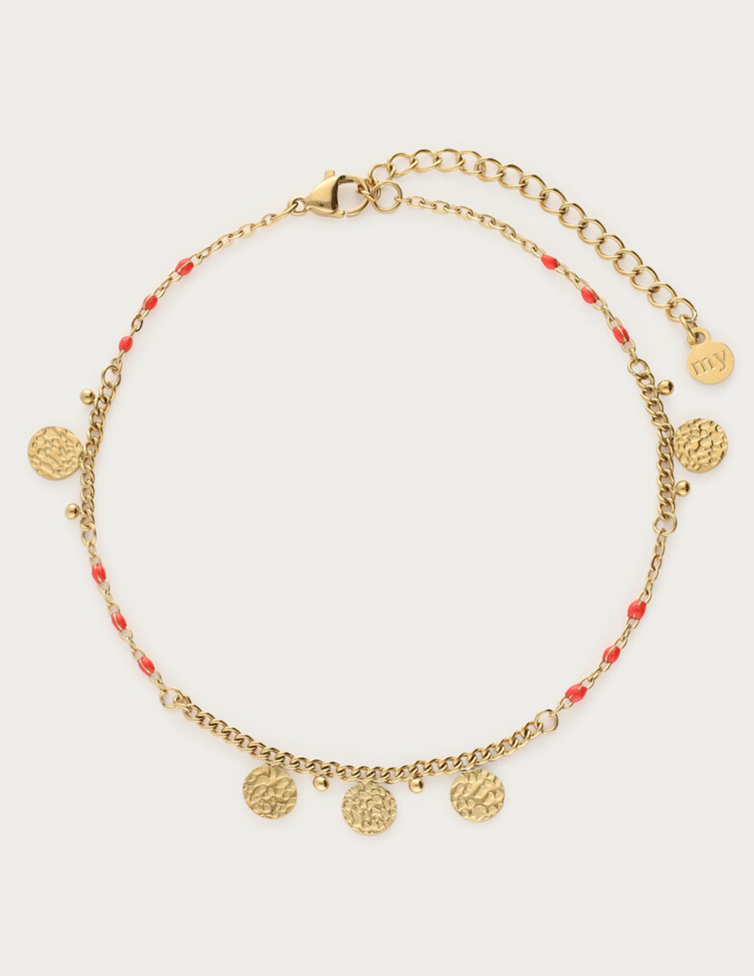My Jewellery Enkelbandje rode kralen en munten MJ12911 Goud
