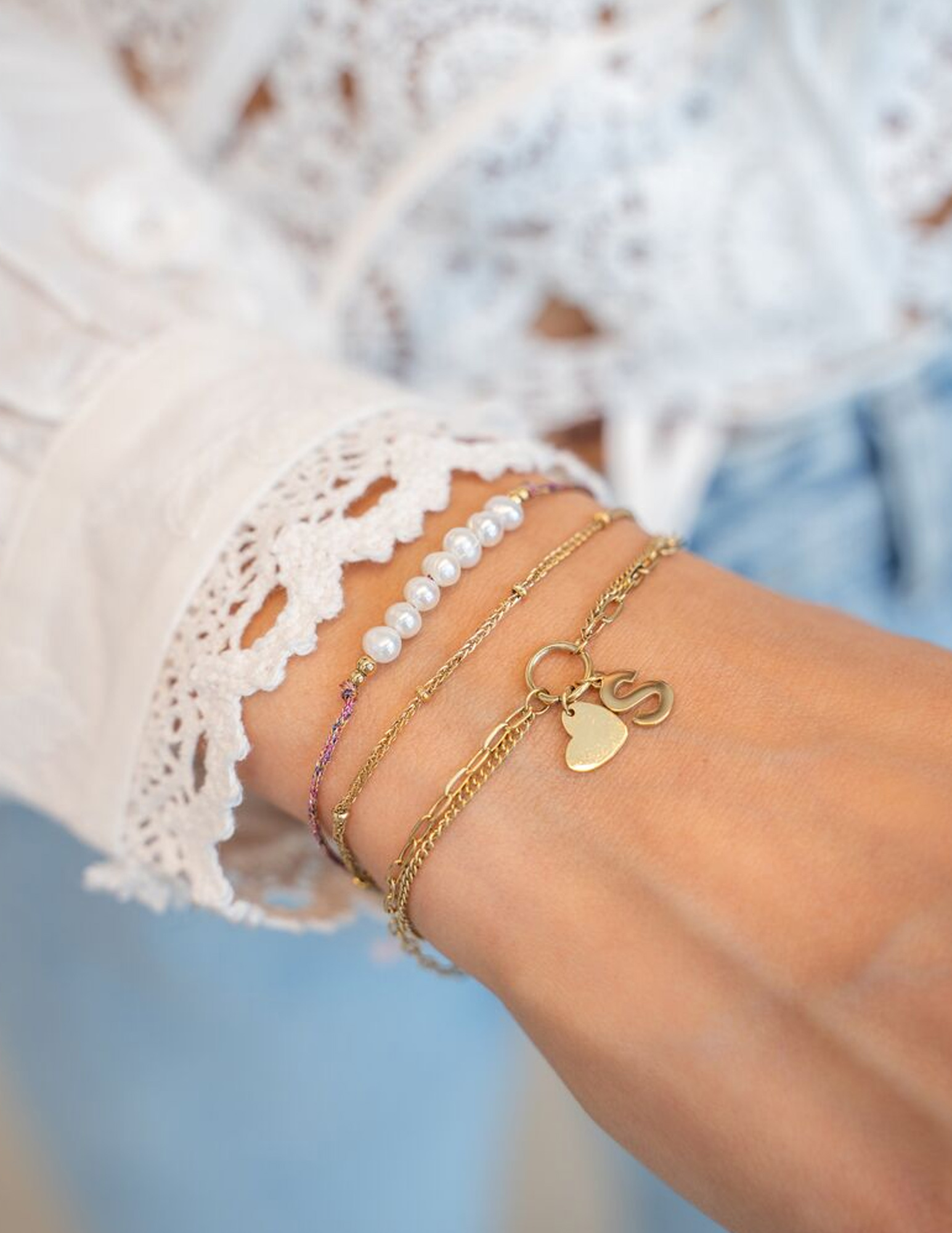 My Jewellery Armband met roze koord en parels MJ11056 Goud