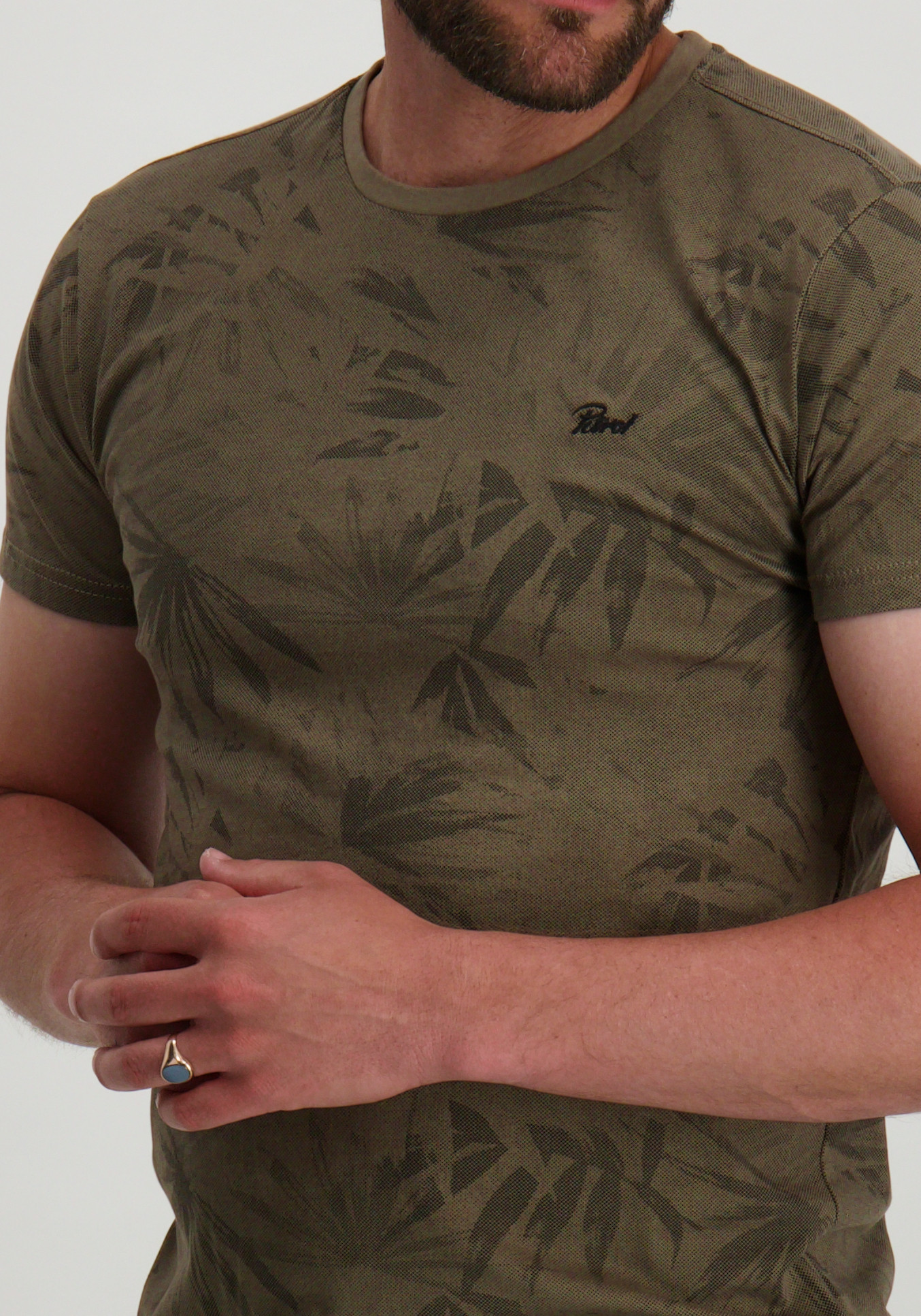Petrol T-shirt met palm print M-1050-TSR161 Khaki