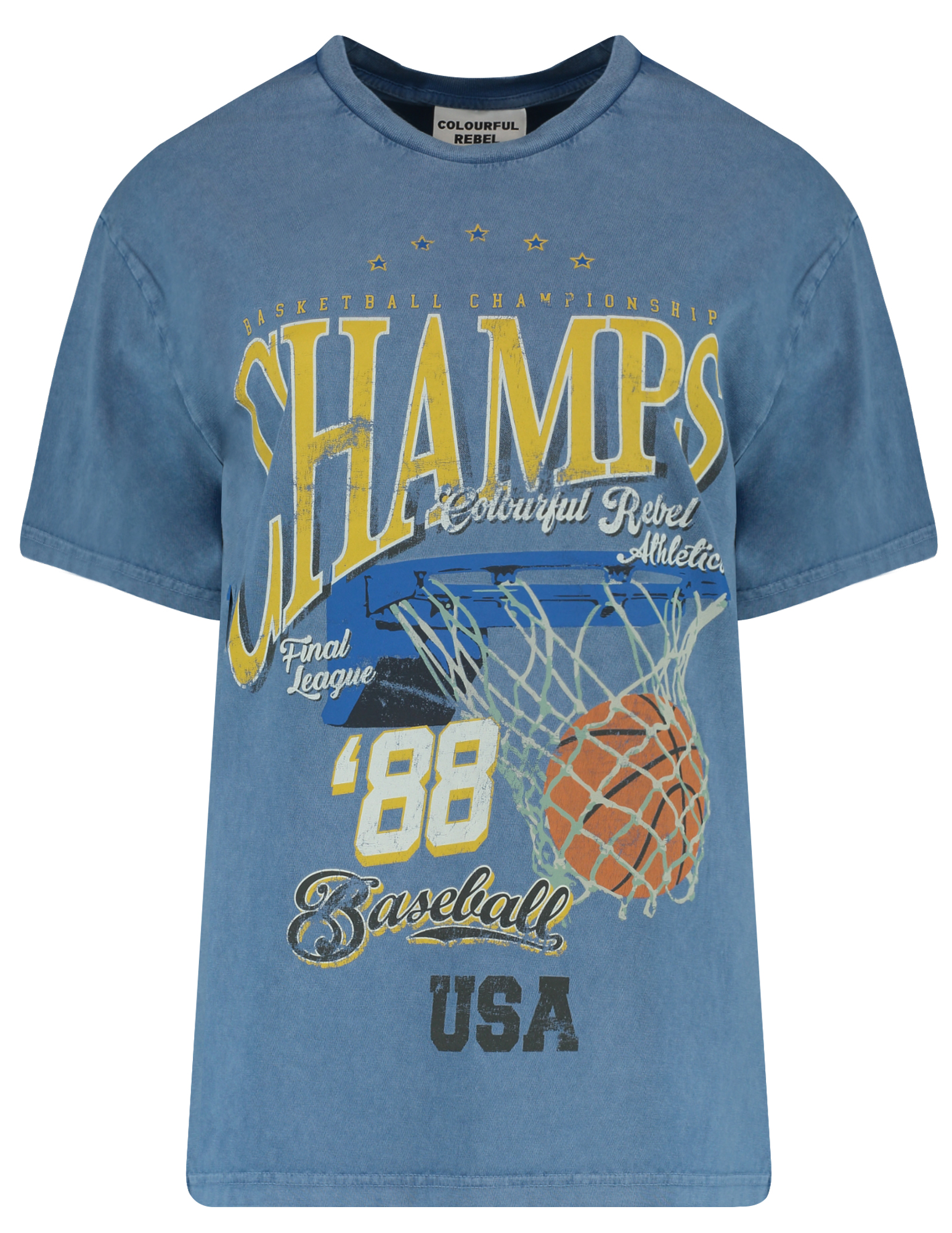 Colourful Rebel T-shirt championd acid wash WT116870 Blauw