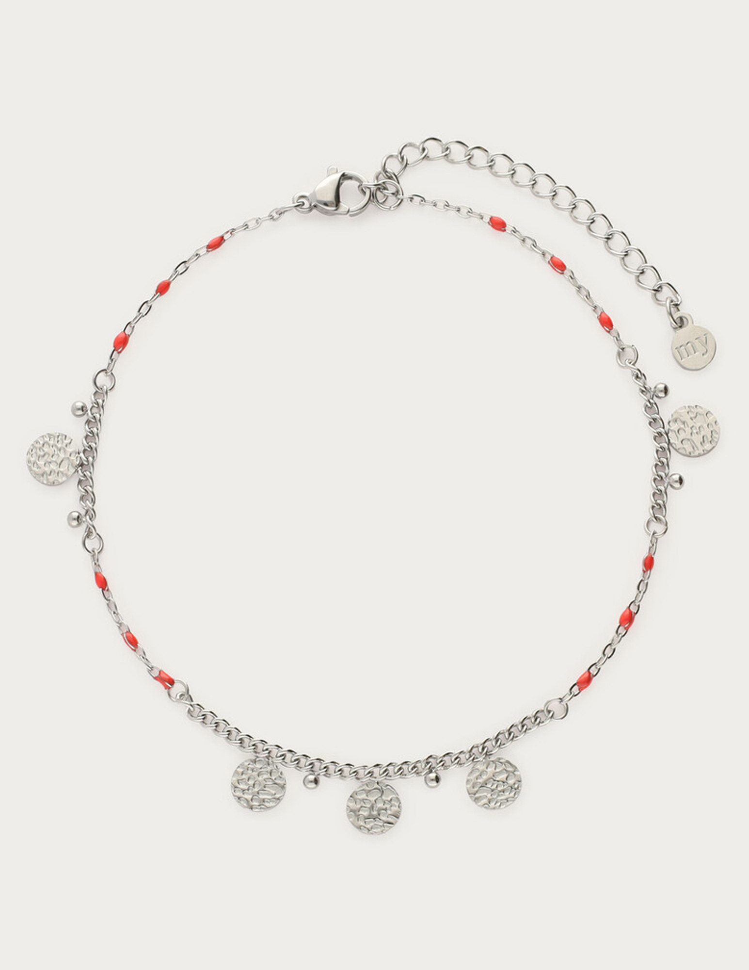 My Jewellery Enkelbandje rode kralen en munten MJ12911 Zilver