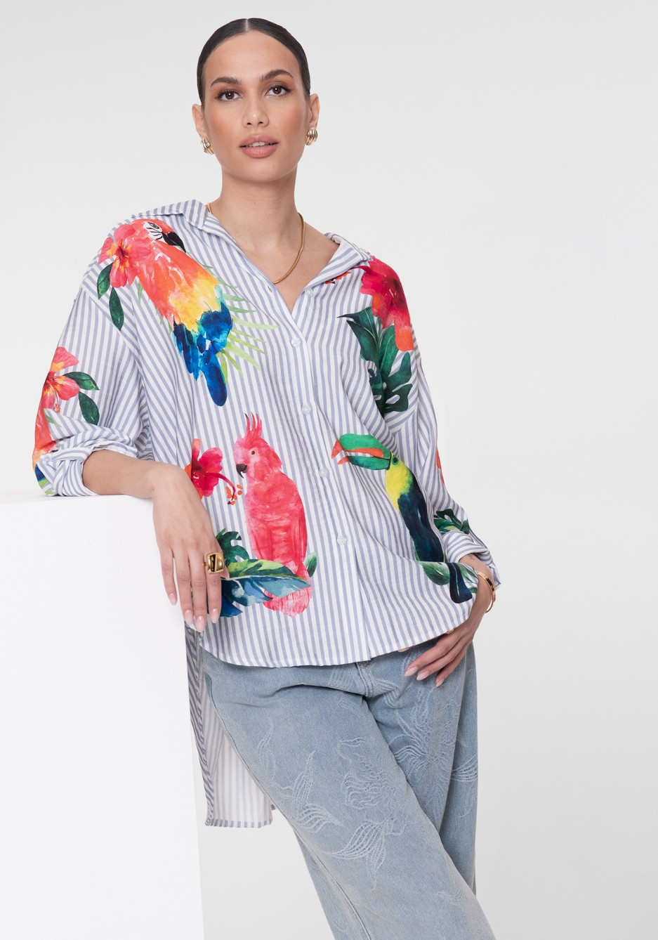 Geisha Blouse stripes & birds 63162-70 Licht blauw