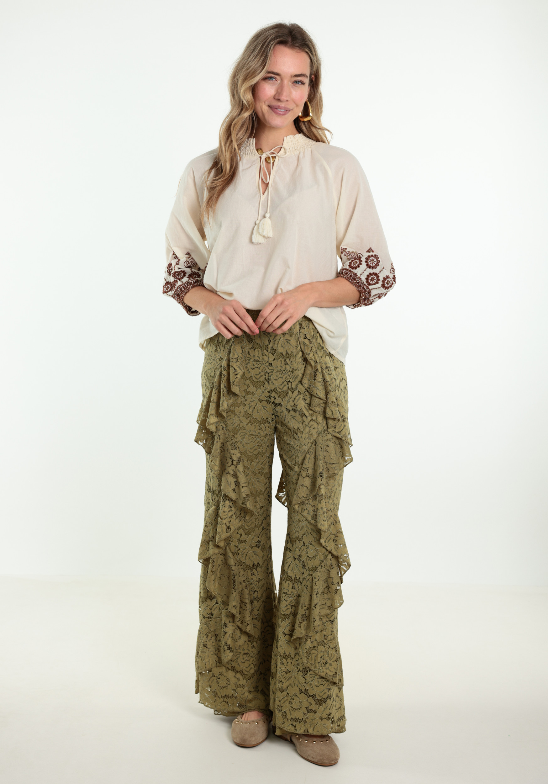 Geisha Blouse geborduurde mouwen 63434-26 Wolwit-ecru