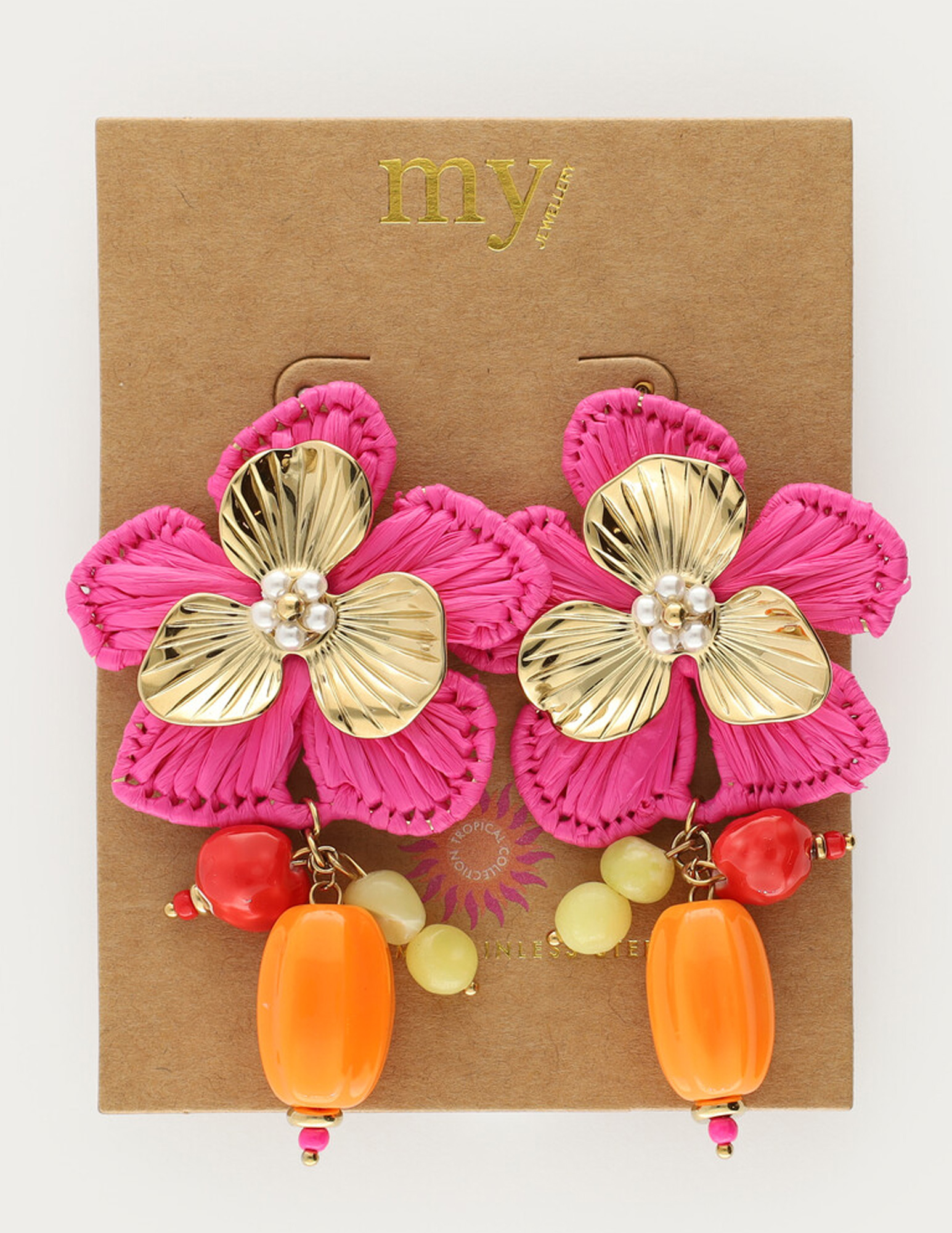 My Jewellery Tropical statement oorhangers roze bloem MJ15622 Goud